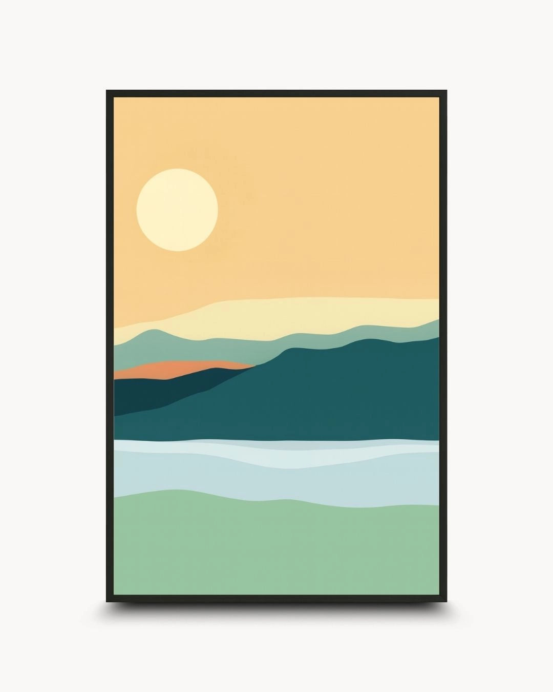 Minimalist mountain landscape wall art by K2C Co. featuring a serene sun and blue-green peaks in a 0.5-inch Noir Black frame. Ideal for Japandi and Scandinavian style living rooms with a matte finish.