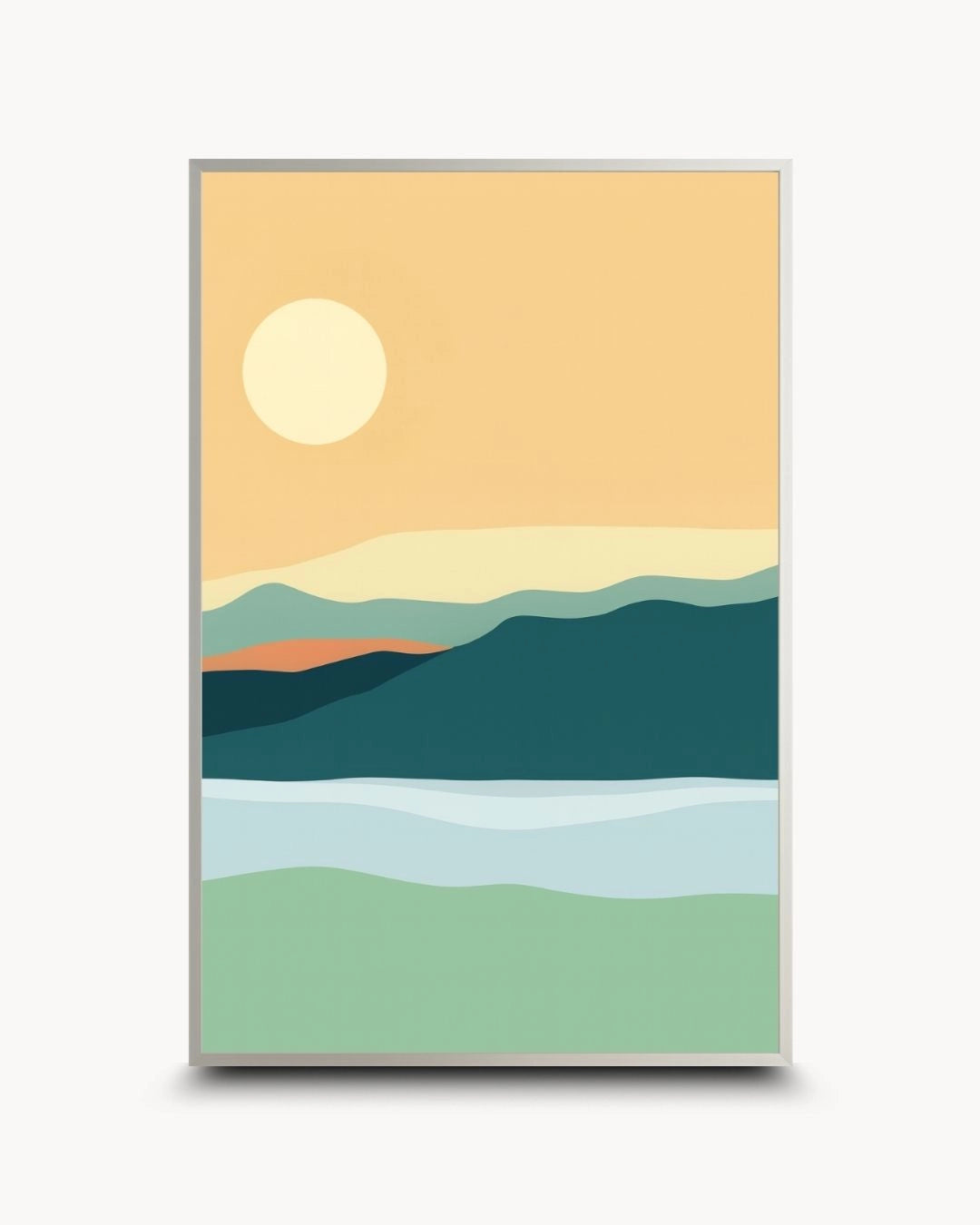 Contemporary minimalist mountain landscape print by K2C Co. in a sleek Satin Silver frame. Clean lines and serene nature tones make this ideal for urban apartment wall decor.