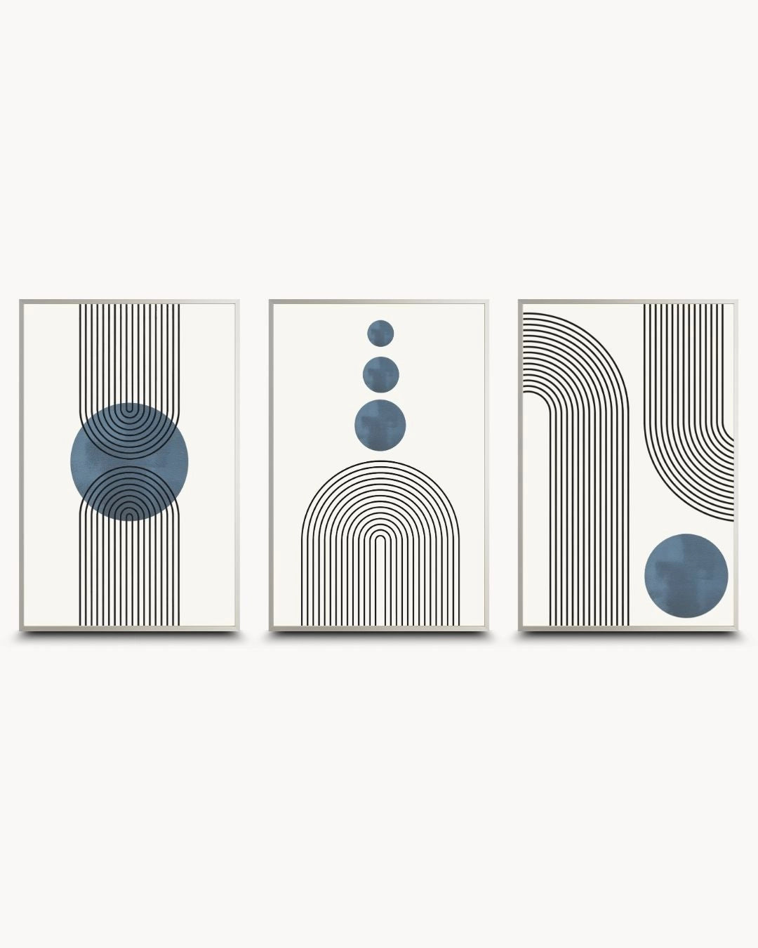 K2C Co. Ocean Harmony 3-piece gallery wall set in sleek Satin Silver frames, featuring minimalist blue and black abstract geometric art, perfect for Scandinavian and cool-toned contemporary interiors.