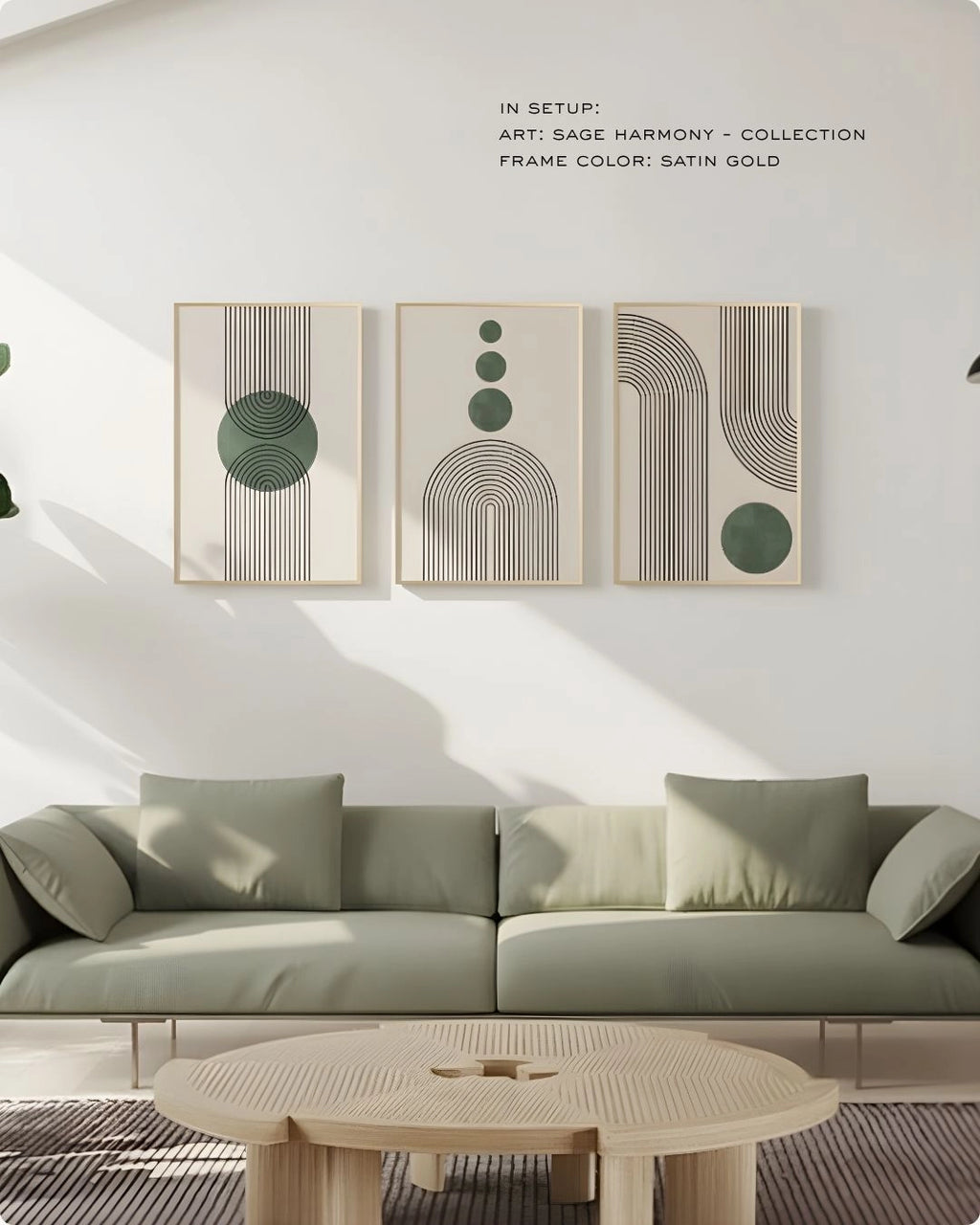 K2C Co. Sage Harmony 3-piece minimalist gallery wall art set in Satin Gold frames, featuring sage green geometric triptych prints above a modern green sofa in a bright Japandi living room.