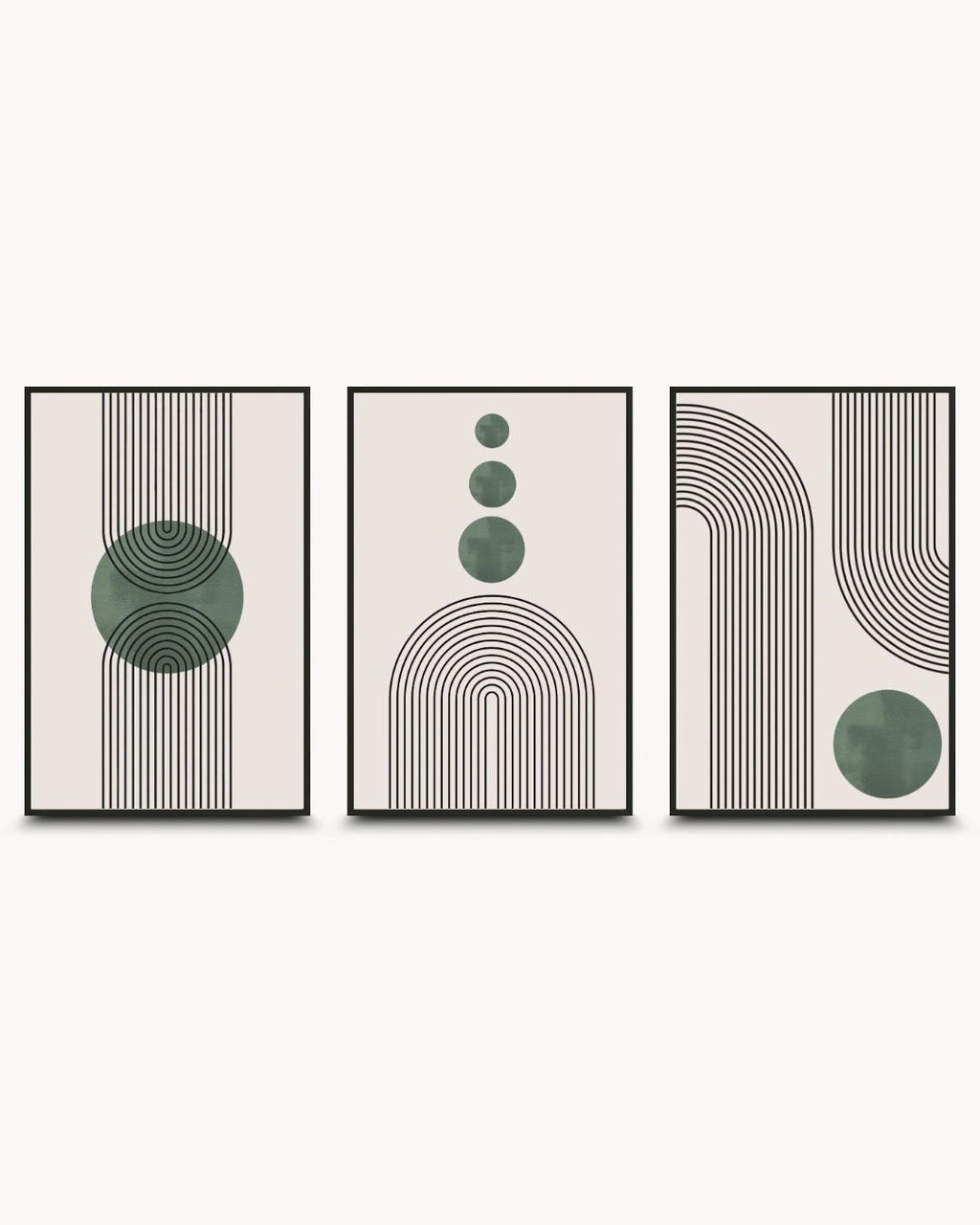 black colored framed set of 3 modern artwork prints for a cohesive gallery wall, featuring minimalist sage green and black geometric designs on a neutral background, from the K2C Co. home decor collection.