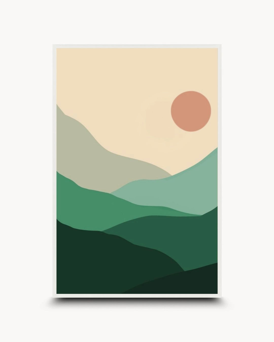 K2C Co. serene sage hills abstract print in a Moon White frame. Features a terracotta sun and layered green peaks, perfect for a bright Scandinavian bedroom or minimalist office setup.