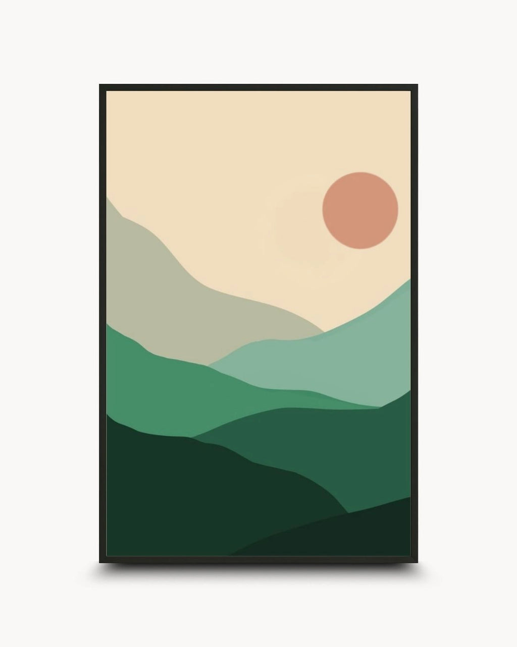 Minimalist sage hills abstract landscape wall art by K2C Co. featuring layered forest green mountains in a 0.5-inch Noir Black frame. Ideal for modern Japandi or industrial living room decor.