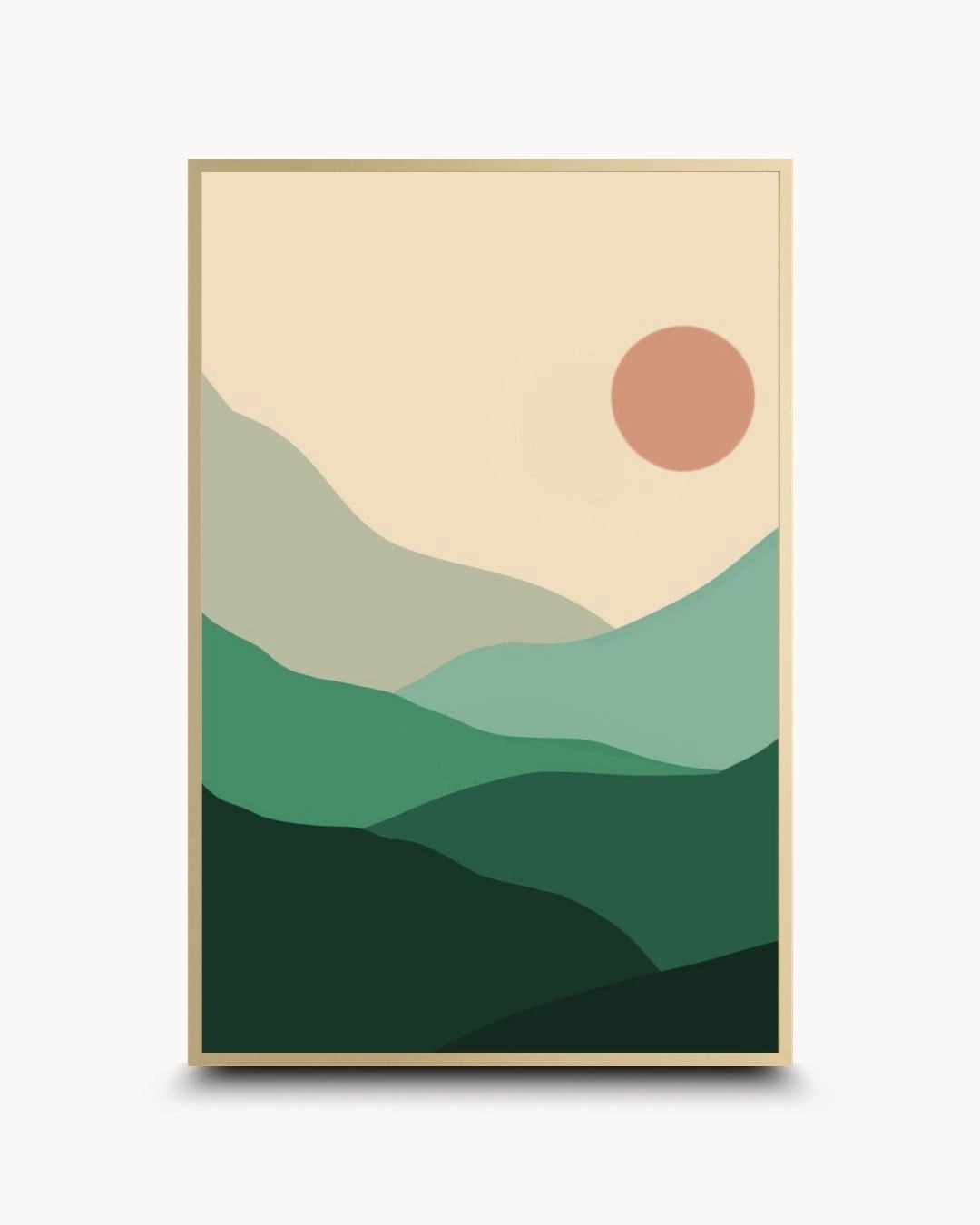 K2C Co. minimalist sage hills artwork in an elegant Satin Gold frame. Features high-contrast green mountain layers on a matte finish for a luxury contemporary wall decor statement.