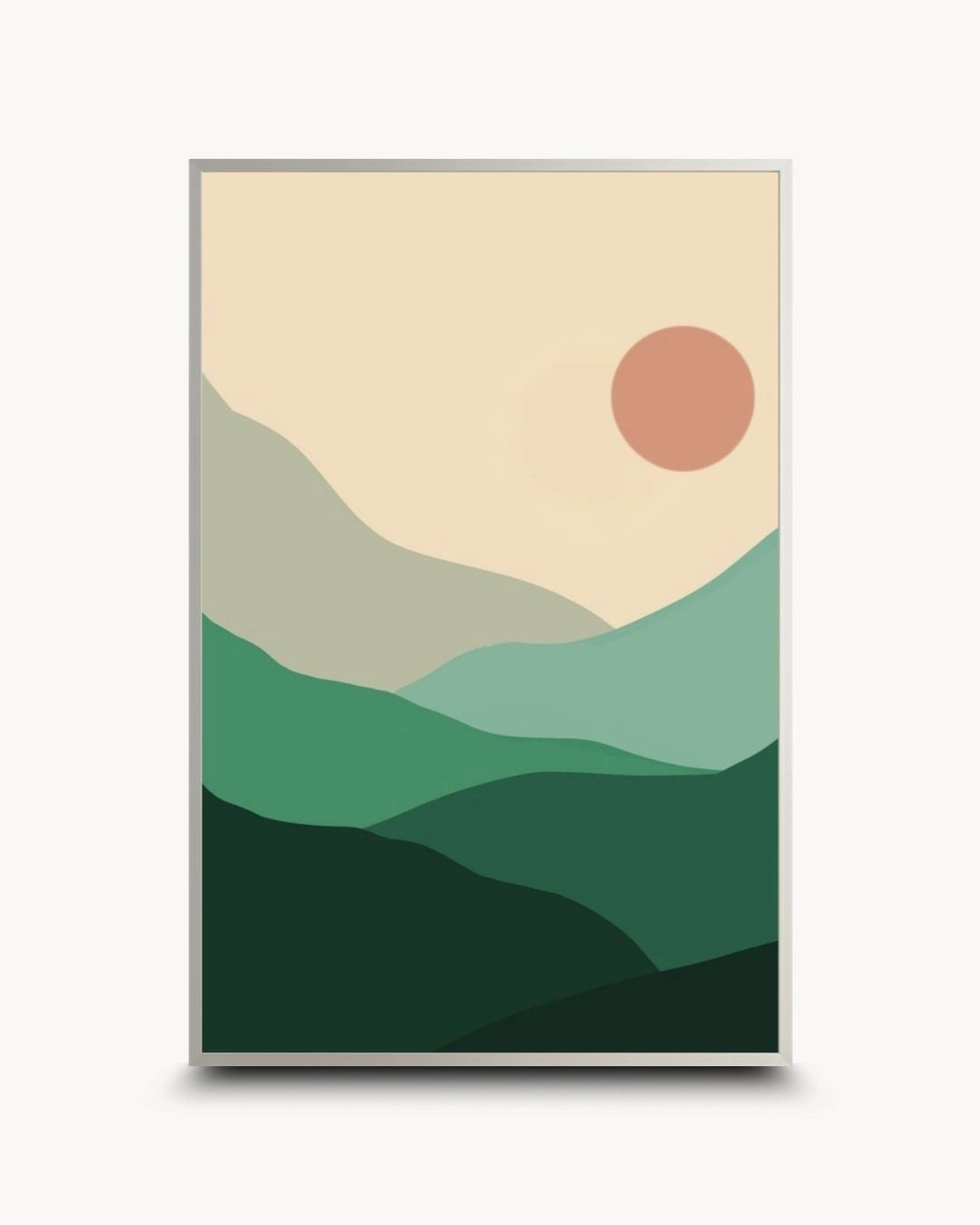 Contemporary minimalist green landscape print by K2C Co. in a sleek Satin Silver frame. Clean lines and serene earth tones make this ideal for modern urban apartment styling.