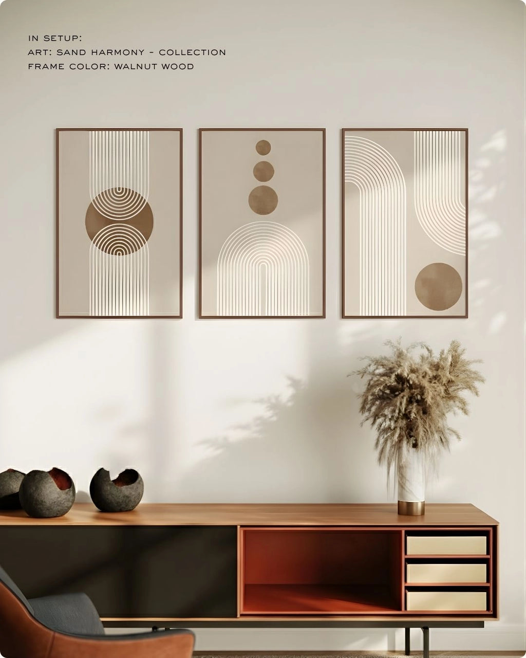 3-piece Sand Harmony gallery wall art set by K2C Co. in Walnut Wood frames. Warm terracotta brown geometric designs displayed in a minimalist room mockup above a wooden sideboard with pampas grass.