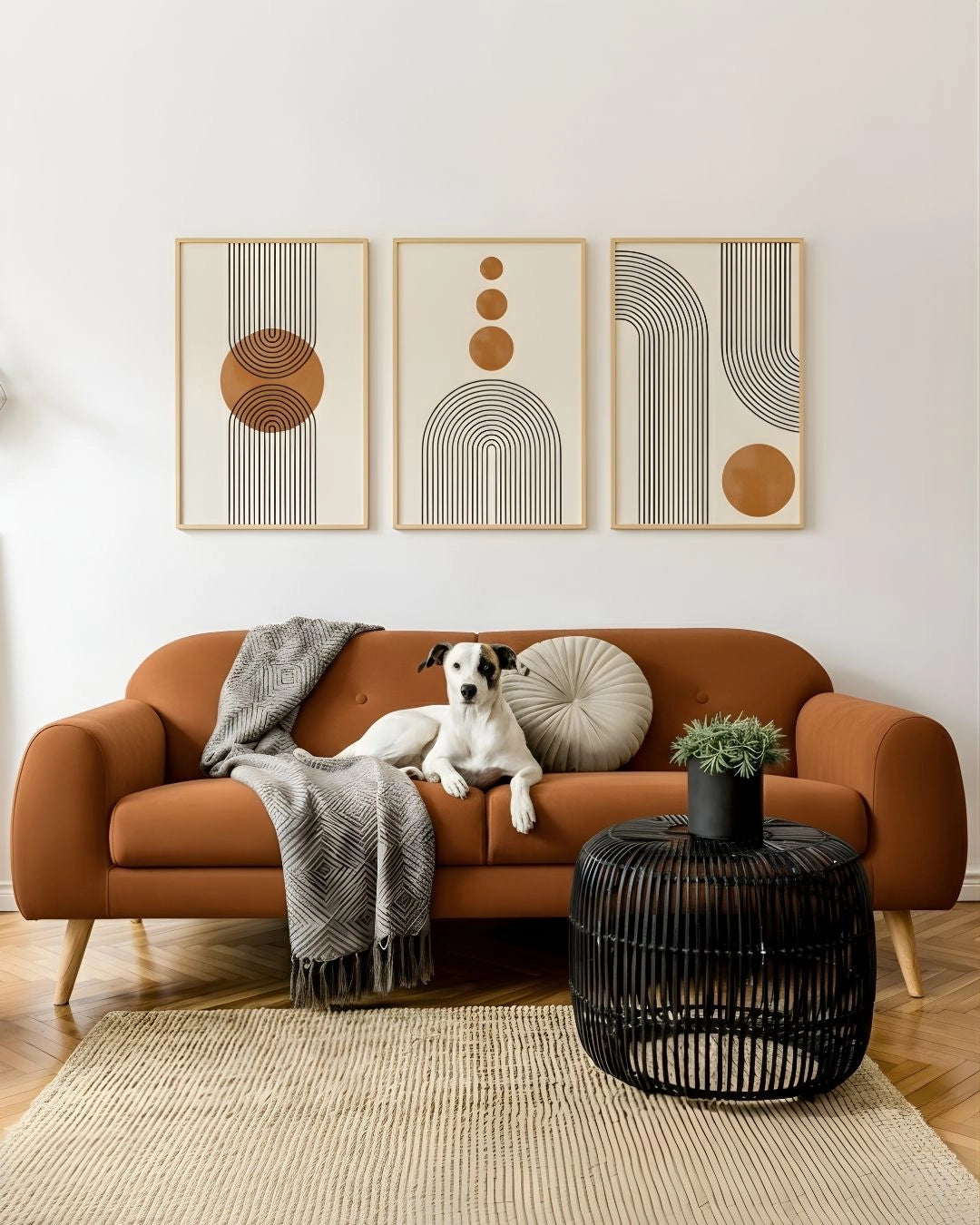 Dog lying on a brown sofa with decorative pillows and wall art in a living room.