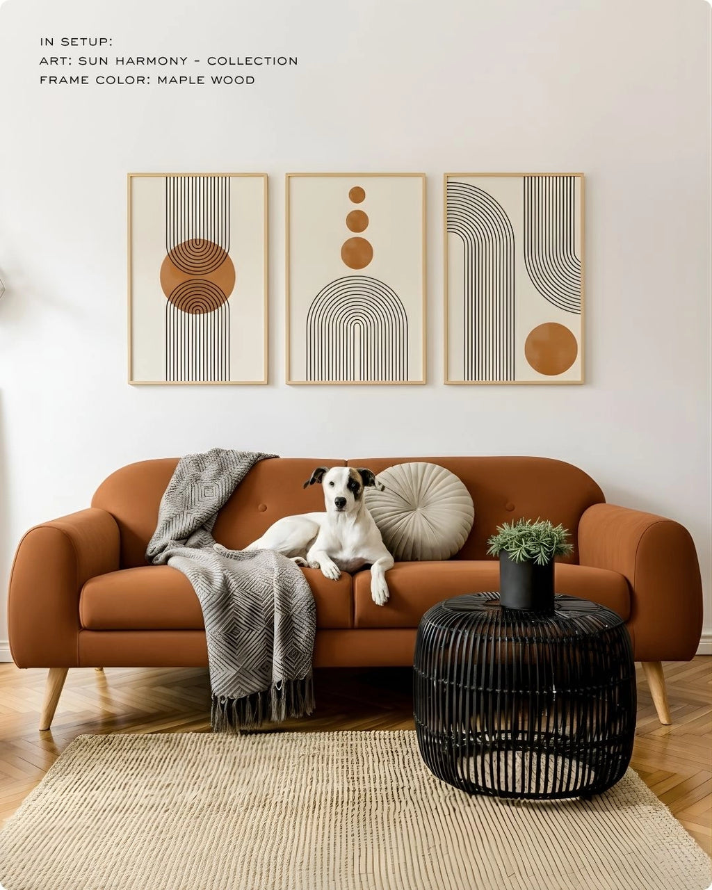 Sun Harmony 3-piece abstract burnt orange gallery wall set in Maple Wood frames by K2C Co. displayed above a cozy orange sofa with a dog, highlighting warm minimalist home decor vibes.