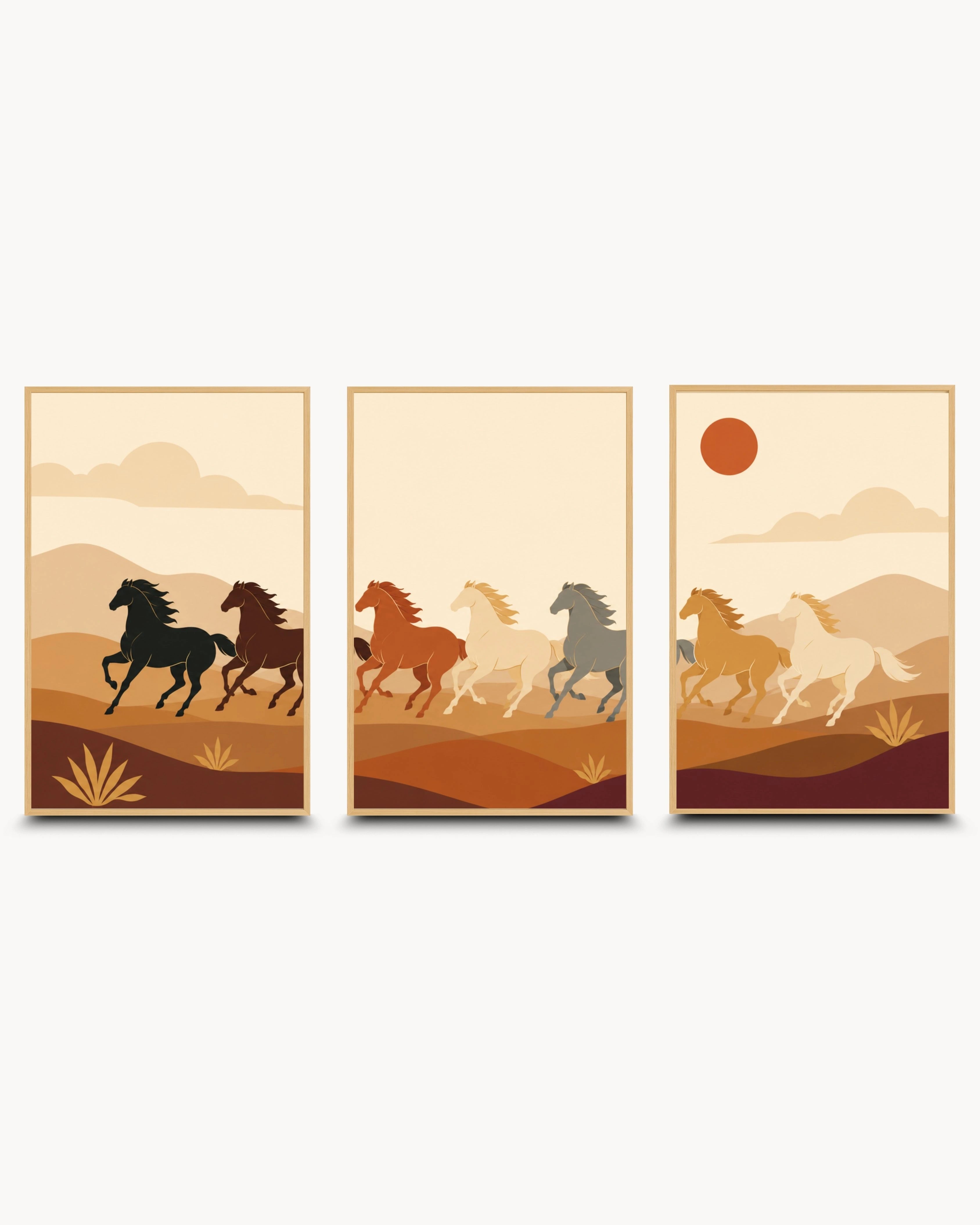 K2C Co modern Vastu 7 galloping horses triptych in maple wood frame