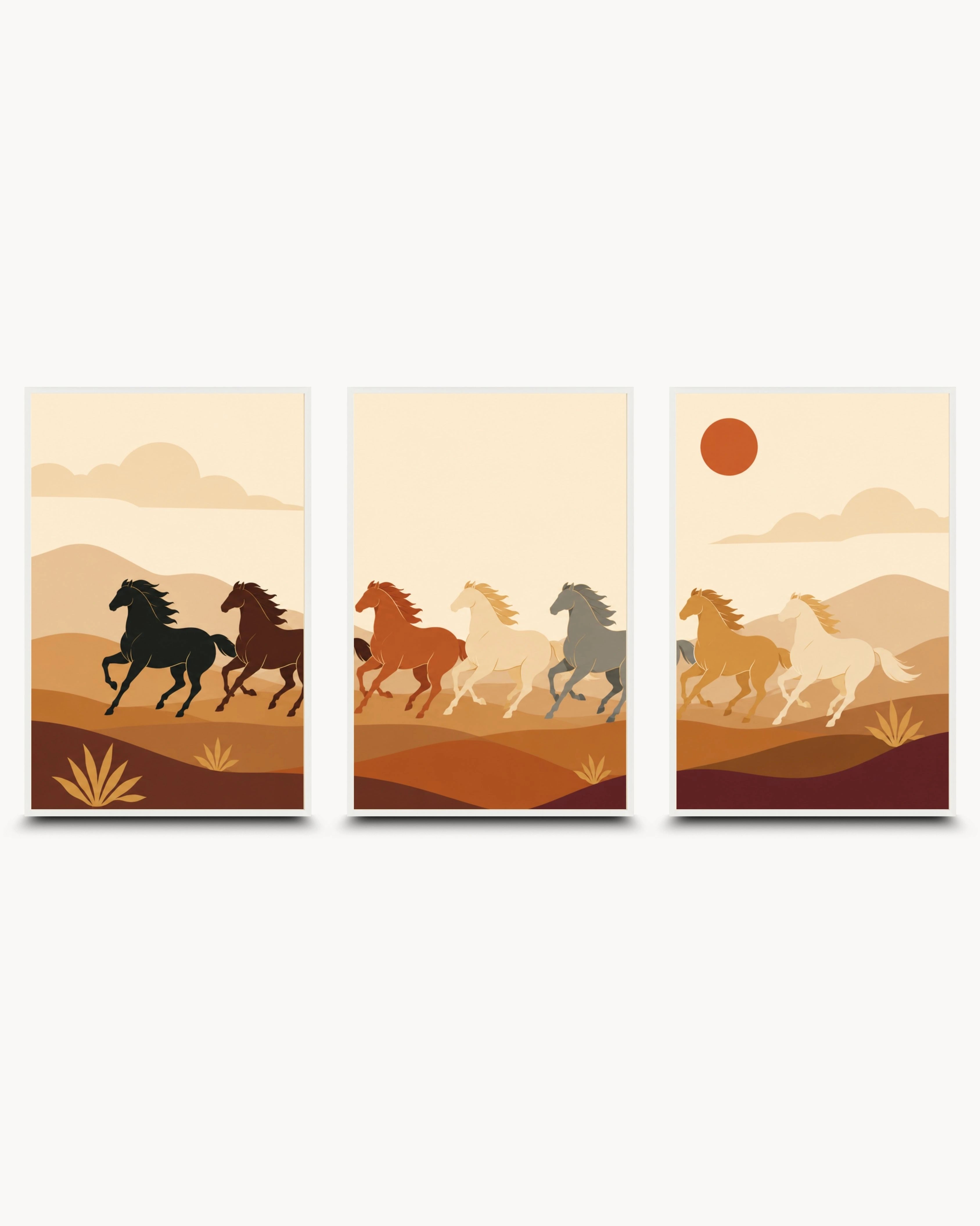 K2C Co modern Vastu 7 galloping horses triptych in white frame
