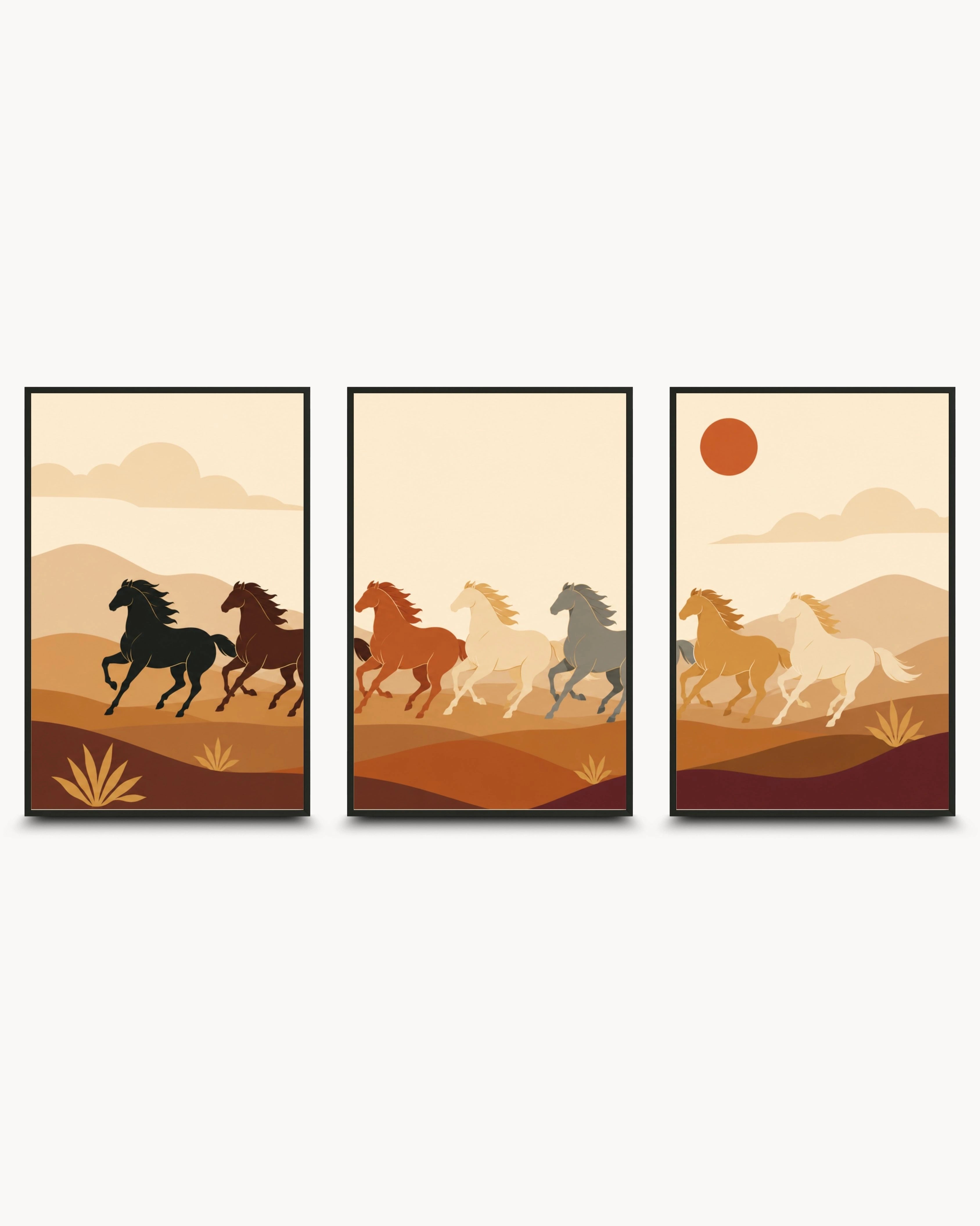 K2C Co modern Vastu 7 galloping horses triptych in black frame
