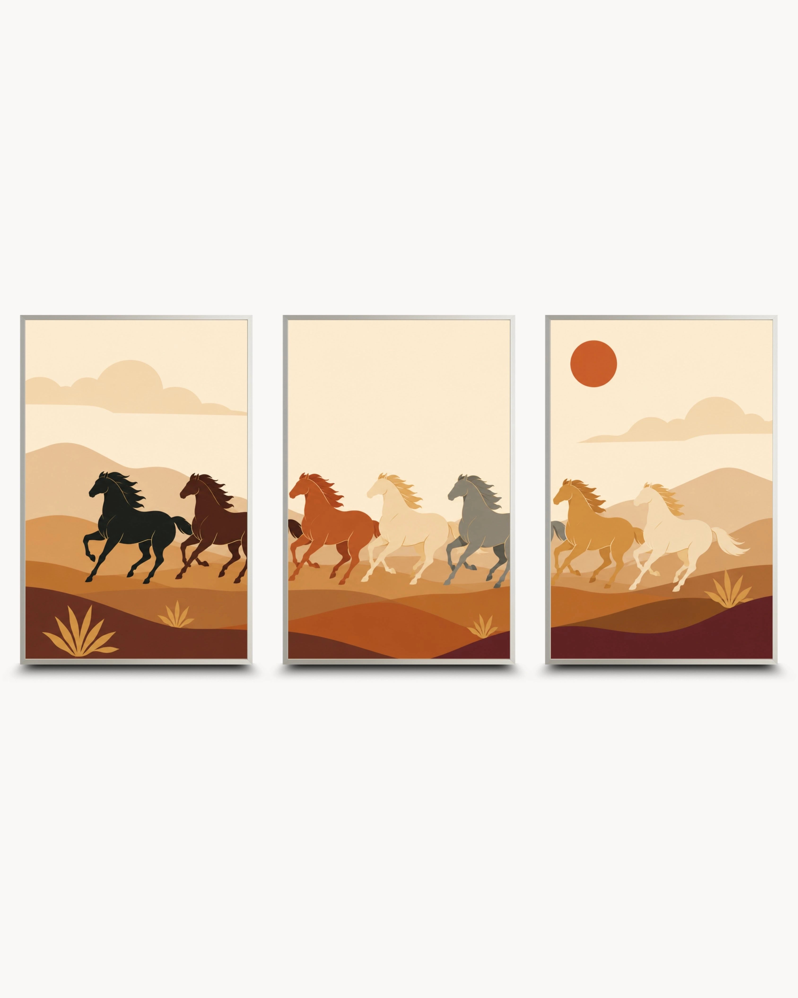 K2C Co modern Vastu 7 galloping horses triptych in satin silver frame