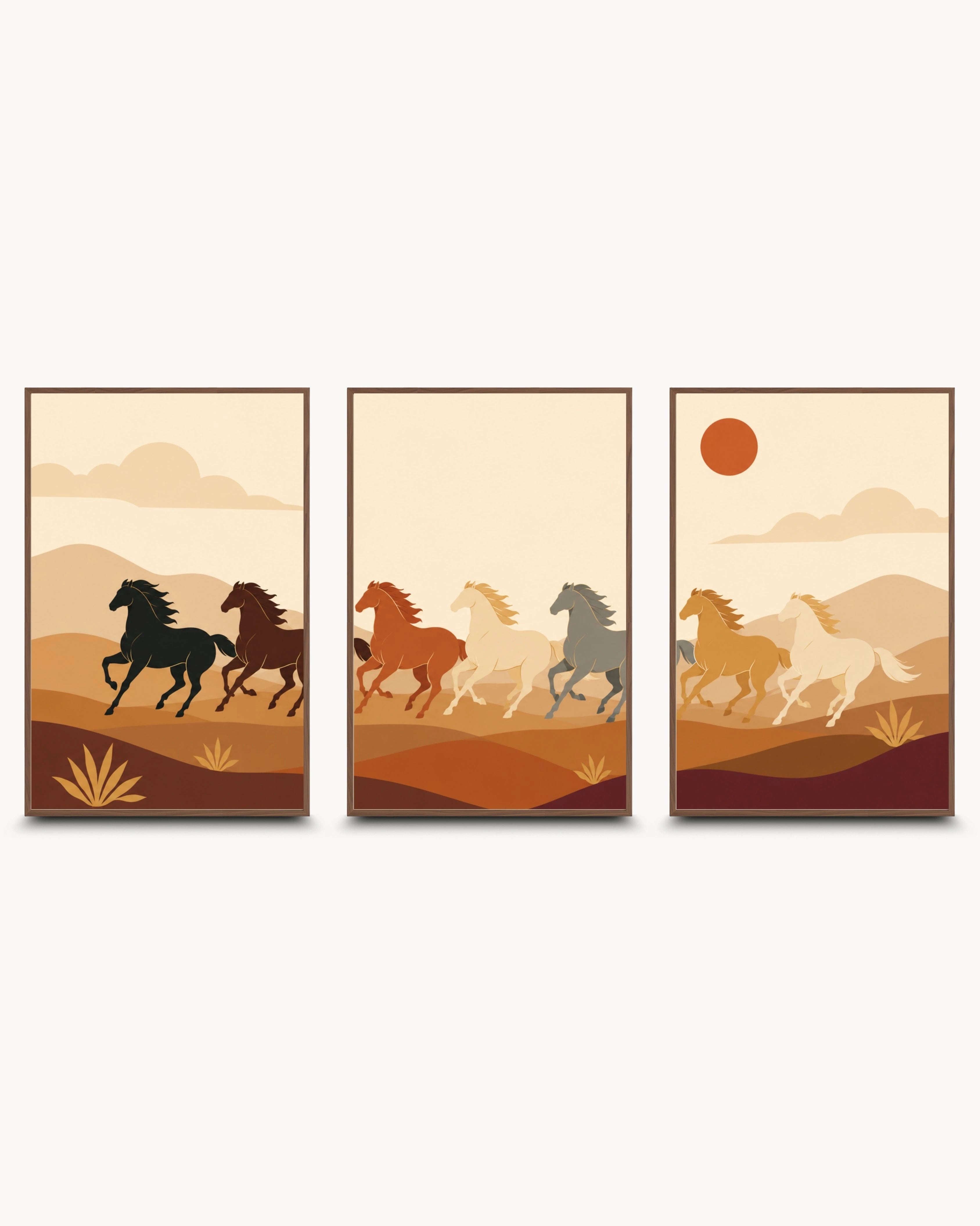 K2C Co modern Vastu 7 galloping horses triptych in walnut wood frame
