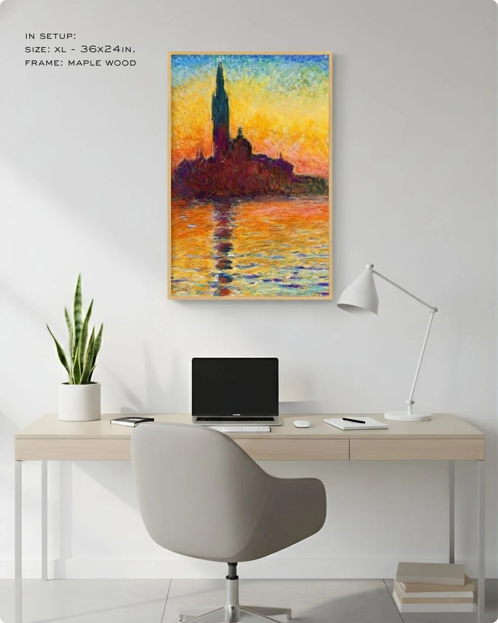 Large (Size L - 24x16in) Monet Venice sunset in a Maple Wood frame, shown in a desk setup to demonstrate the impact of large-scale fine art in a home office.