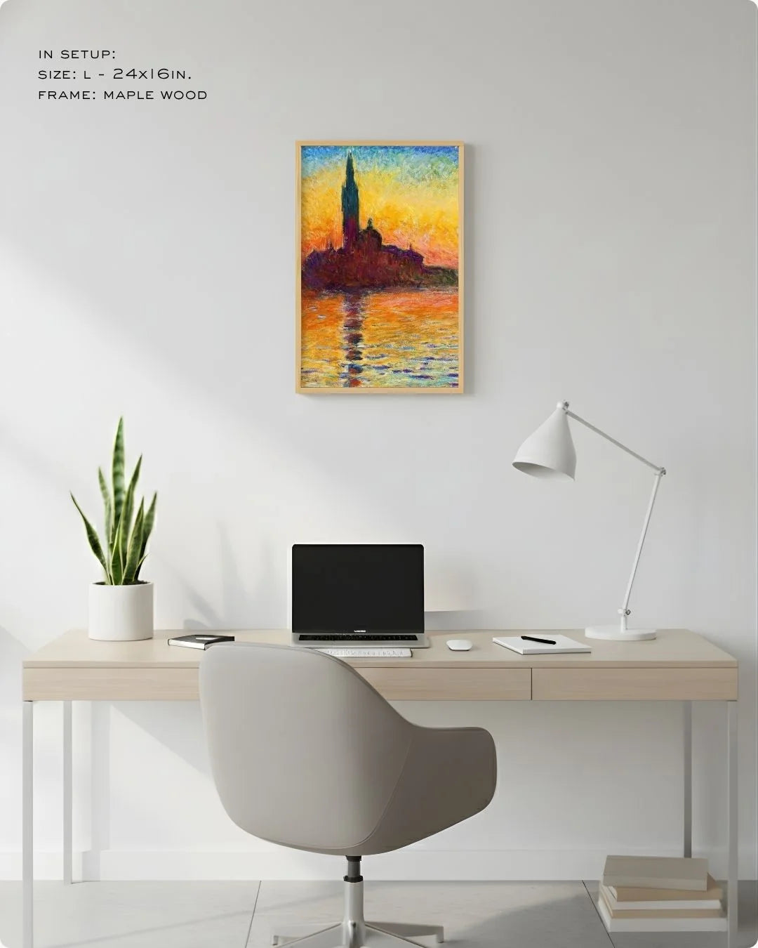 Medium (Size M - 18x12in) Monet Venice sunset in a Maple Wood frame. Perfect scale for standard desk-side wall decor in a contemporary Japandi workspace.