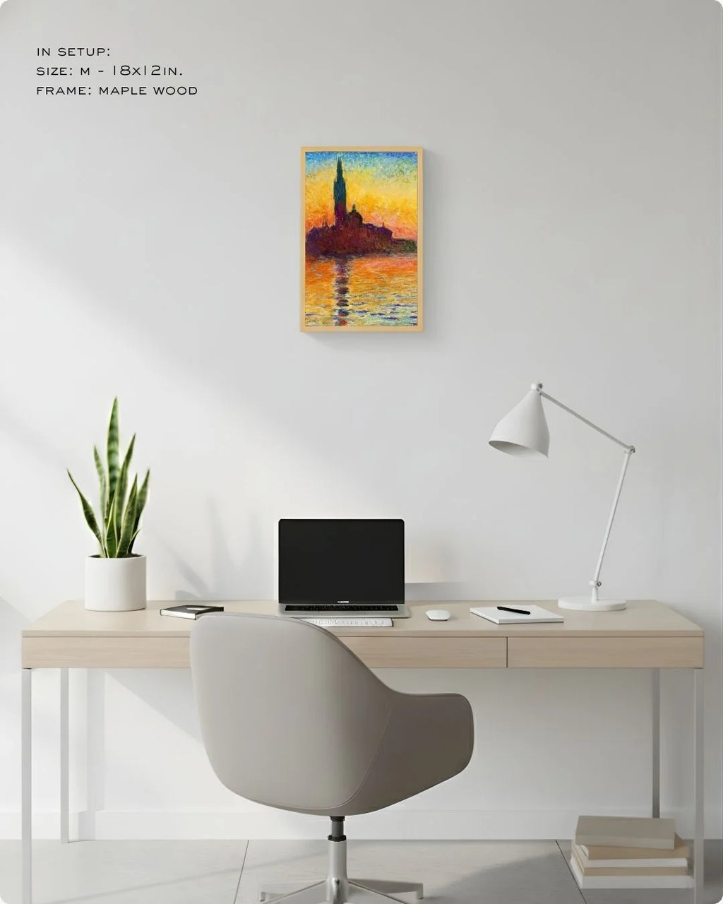 Small (Size S - 12x8in) Monet Venice sunset in a Maple Wood frame. An ideal accent piece for smaller wall spaces or layering in a curated gallery wall.