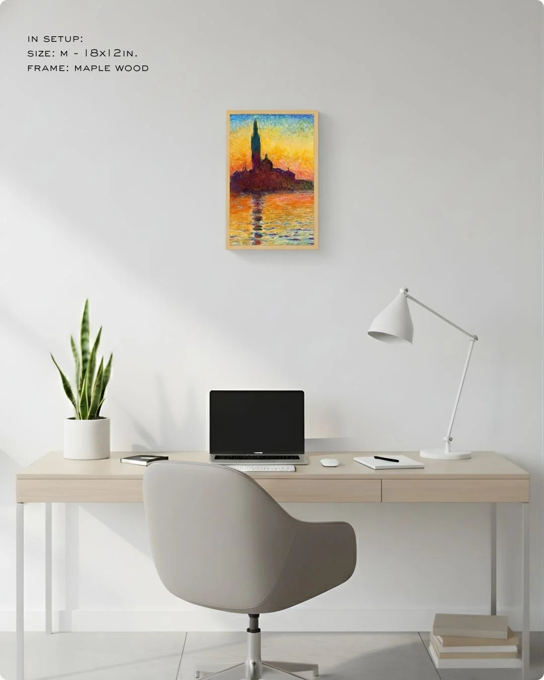 Small (Size S - 12x8in) Monet Venice sunset in a Maple Wood frame. An ideal accent piece for smaller wall spaces or layering in a curated gallery wall.