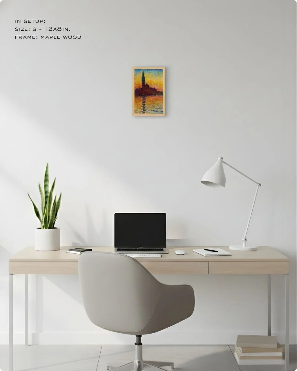 Extra Small (Size XS) Monet Venice sunset in a Maple Wood frame, showcasing how even a mini heritage print can add a pop of color to a desktop setup.
