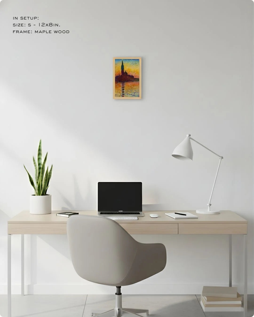 Extra Small (Size XS) Monet Venice sunset in a Maple Wood frame, showcasing how even a mini heritage print can add a pop of color to a desktop setup.