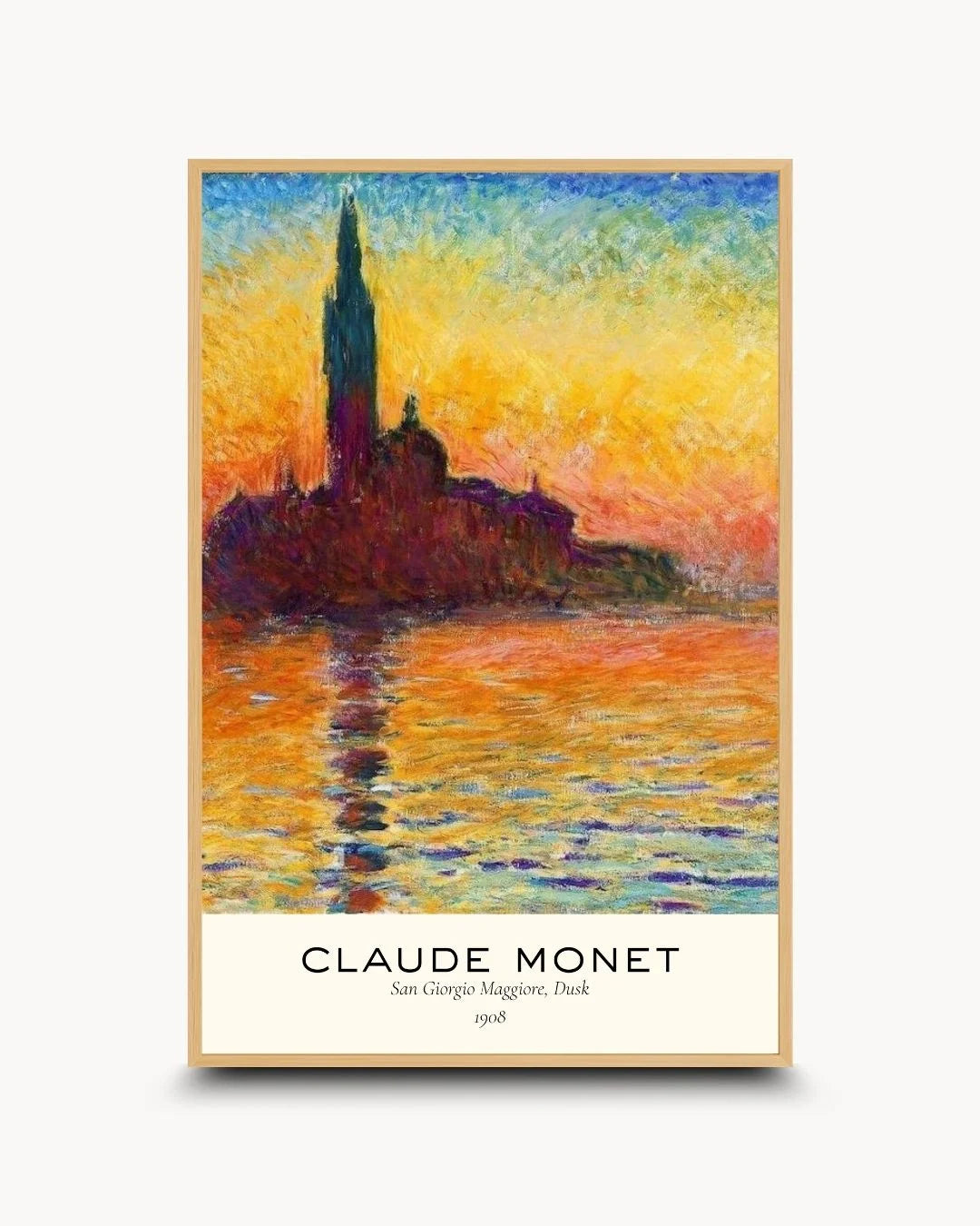 Organic modern styling of Monet's Venetian sunset typography poster in a natural Maple Wood frame by K2C Co. Ideal for Japandi and "slow living" home offices.