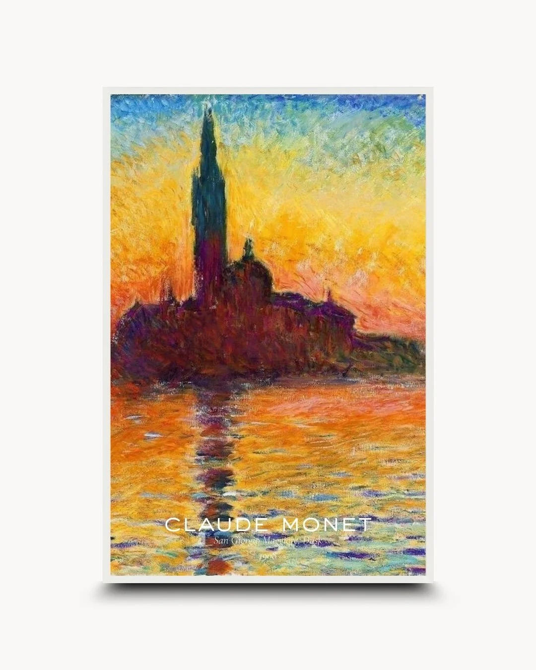 K2C Co. Monet Venice sunset museum print with signature text in a Moon White frame. Airy, high-contrast fine art for modern minimalist or Scandinavian interiors.