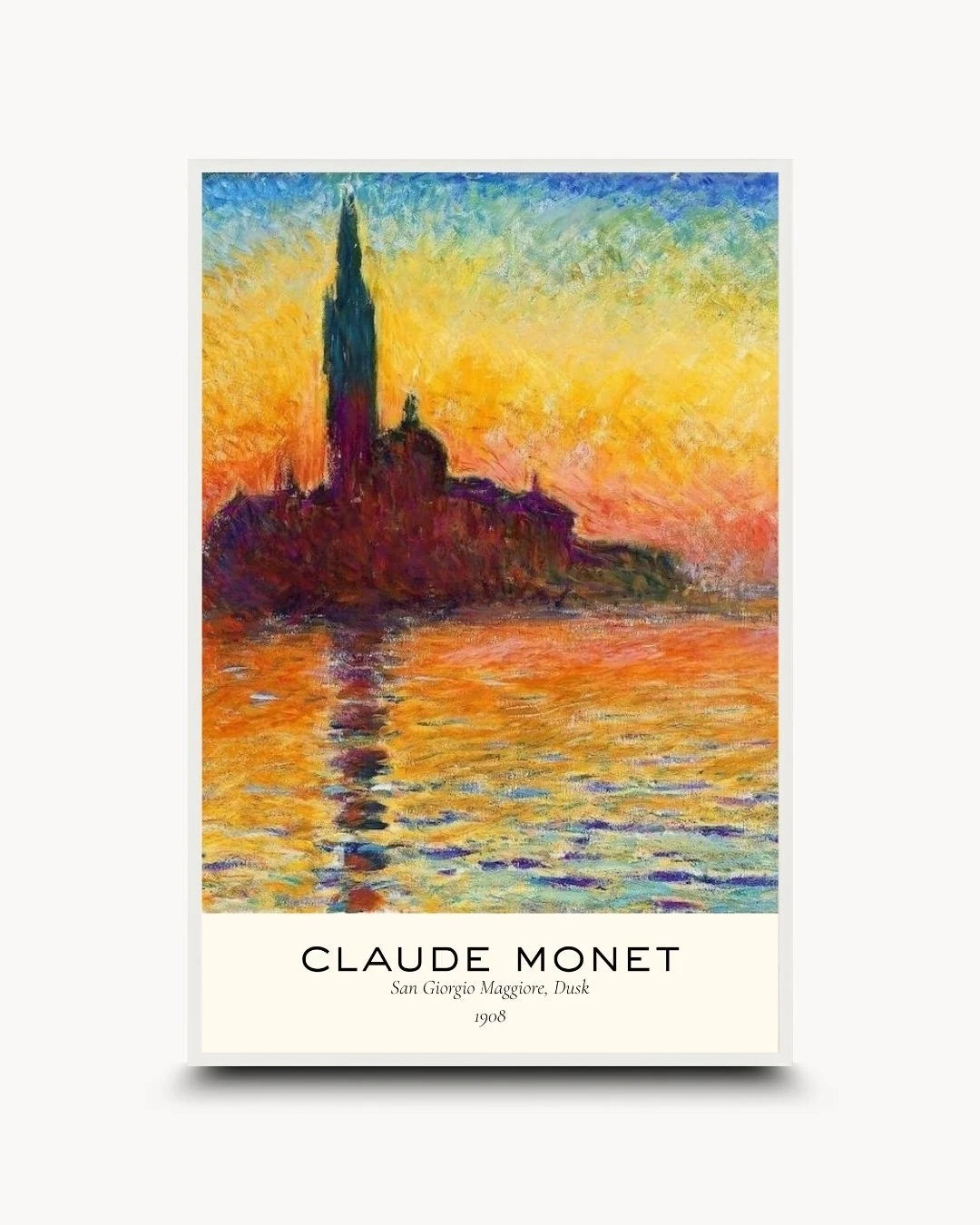 K2C Co. Monet Venice sunset museum print with signature text in a Moon White frame. Airy, high-contrast fine art for modern minimalist or Scandinavian interiors.