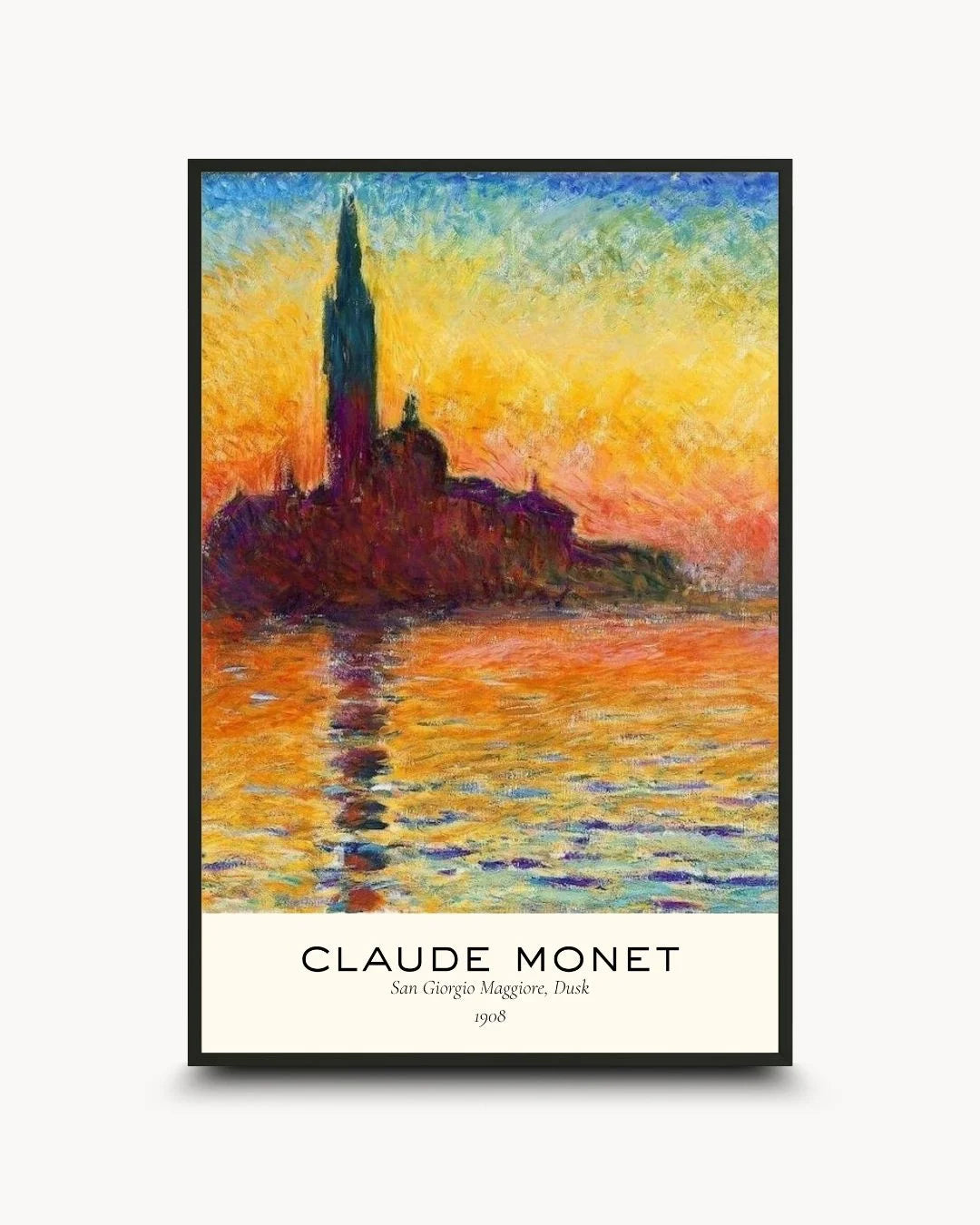 Claude Monet "San Giorgio Maggiore at Dusk" exhibition poster with minimalist typography in a 0.5-inch Noir Black frame. Vibrant sunset wall art by K2C Co.
