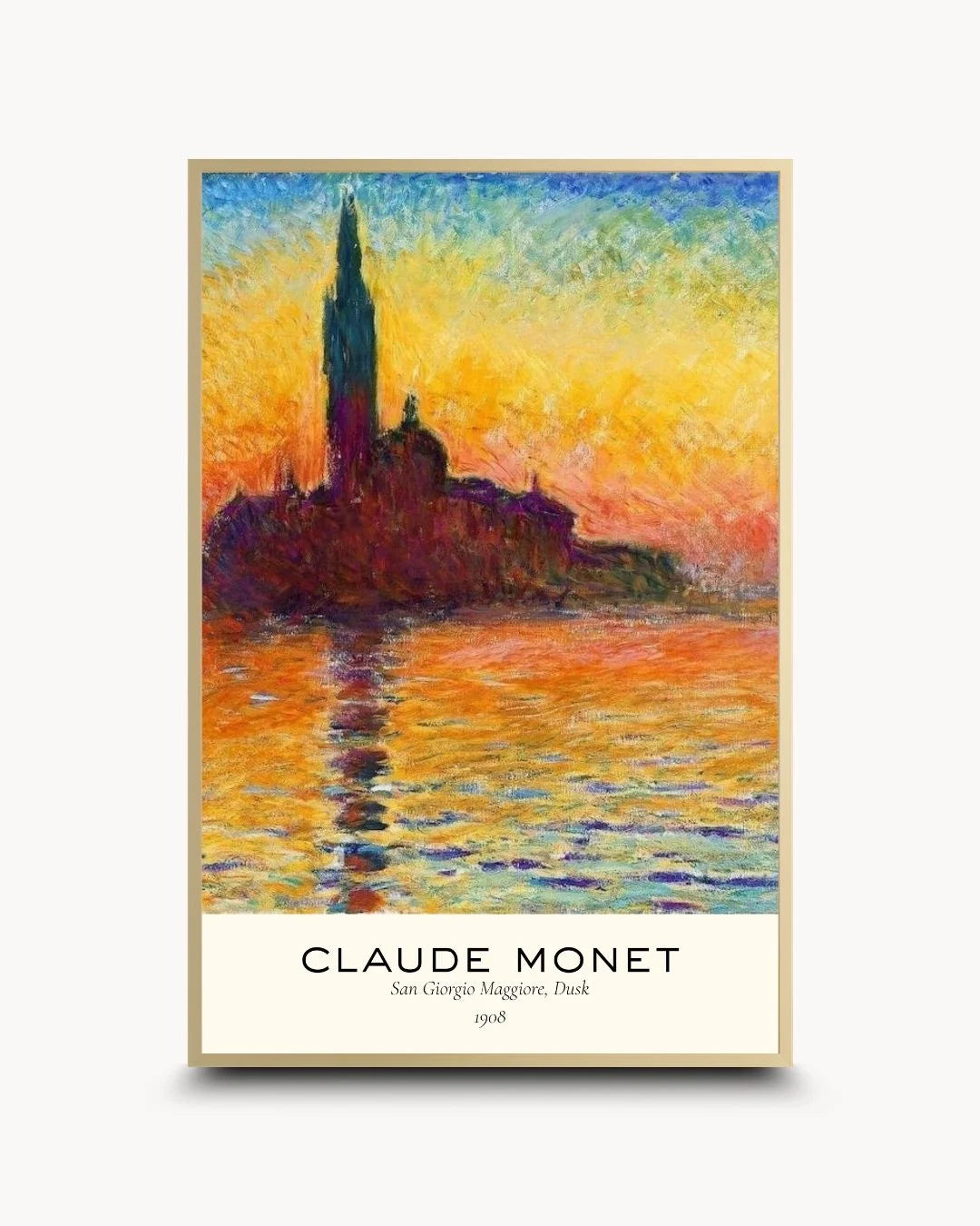 Elegant Monet Venice sunset exhibition poster in a Satin Gold frame by K2C Co. Features high-contrast typography and fiery orange tones for a luxury statement piece.