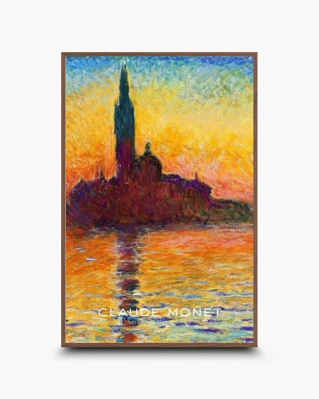 Claude Monet "San Giorgio Maggiore at Dusk" exhibition-style print in a warm Walnut Wood frame by K2C Co. A sophisticated balance of classic impressionism and modern gallery design.
