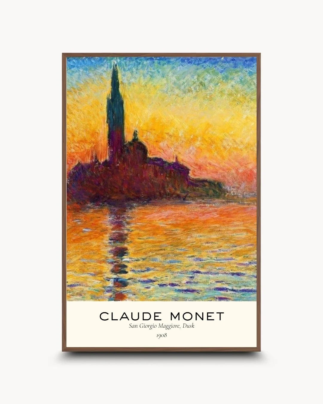 Claude Monet "San Giorgio Maggiore at Dusk" exhibition-style print in a warm Walnut Wood frame by K2C Co. A sophisticated balance of classic impressionism and modern gallery design.
