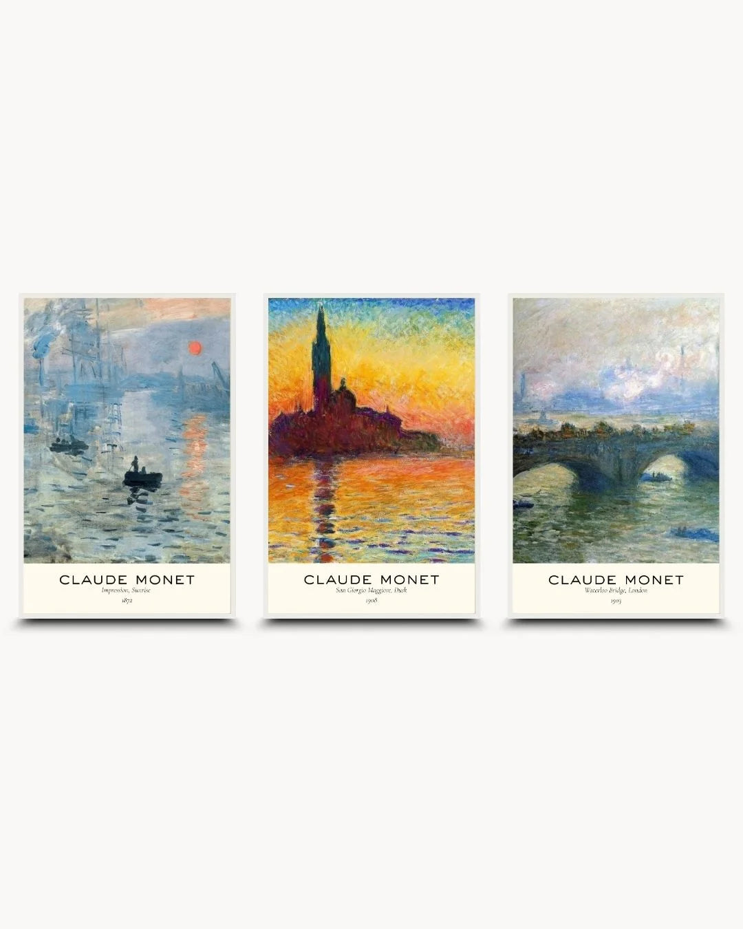 K2C Co. Monet 3-piece museum triptych in Moon White frames. High-contrast, educational fine art set for Scandinavian or Japandi gallery walls.