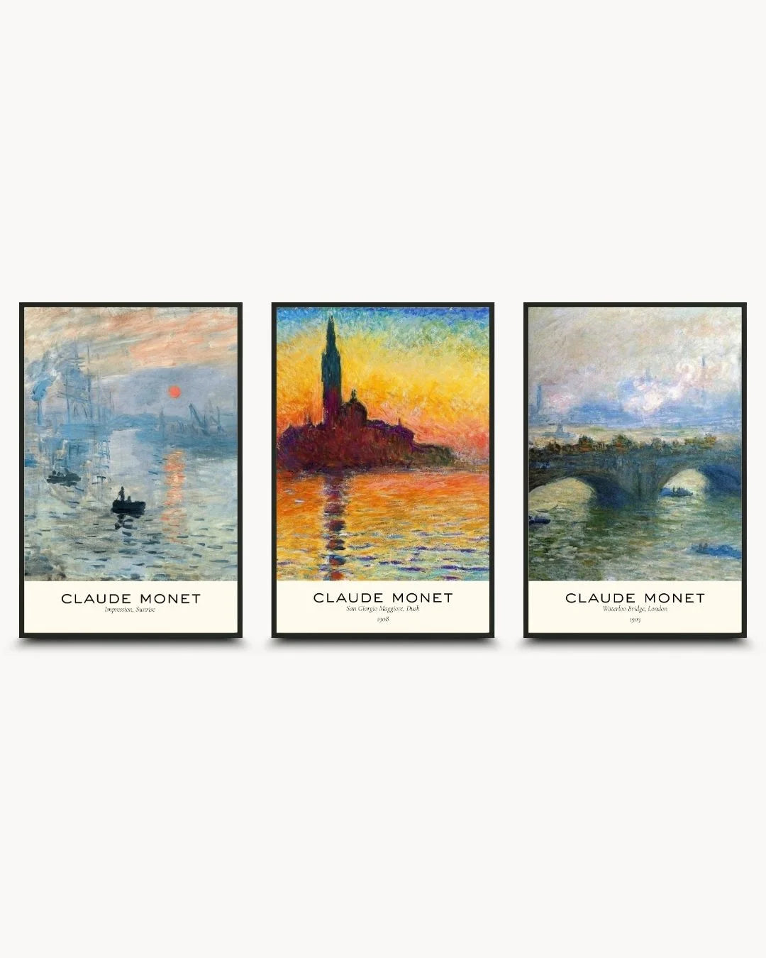 3-piece Monet Exhibition Poster set with minimalist typography in Noir Black frames. Museum-style gallery wall for modern Indian home interiors.