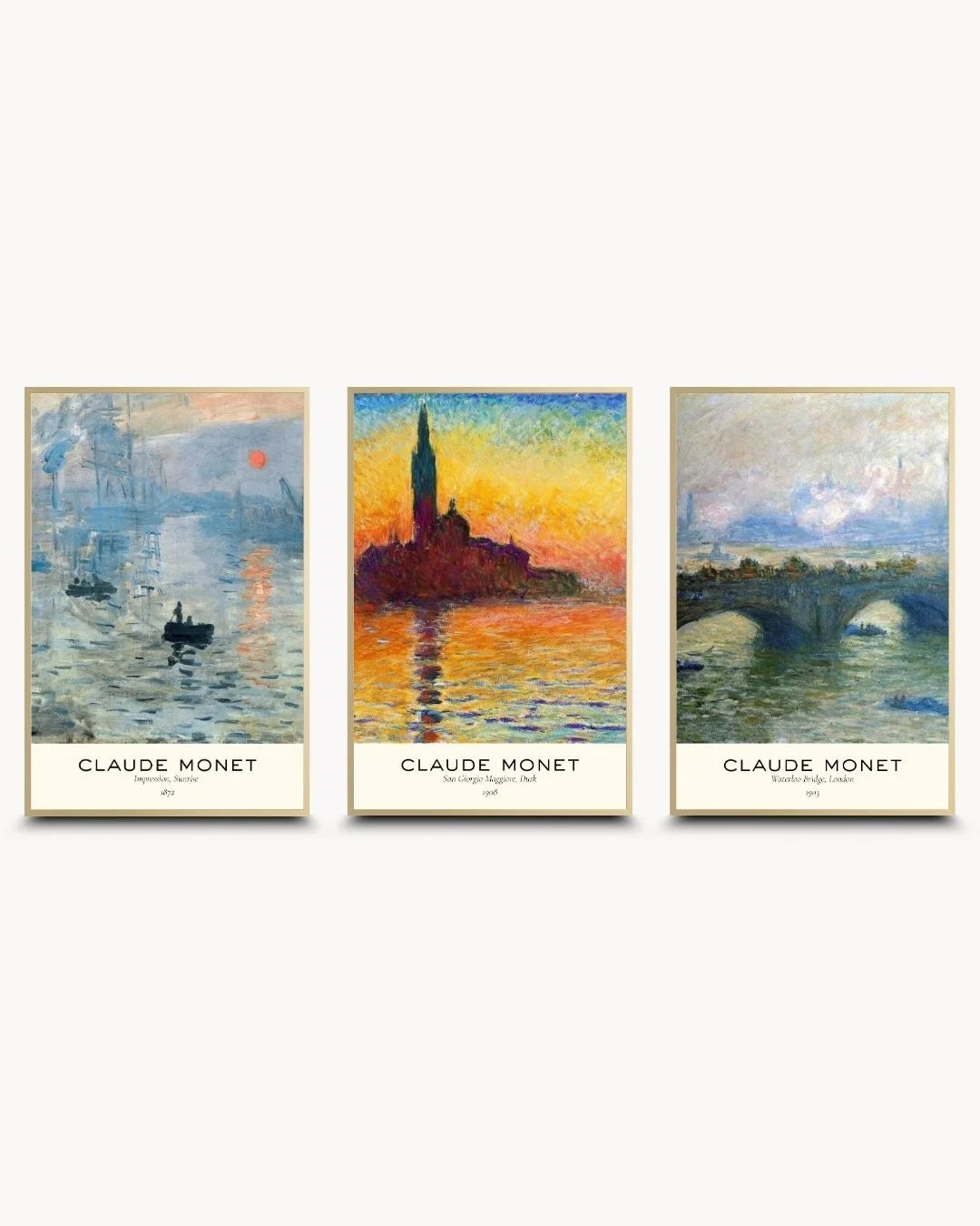 Elegant Monet 3-piece exhibition poster set in Satin Gold frames. Features high-contrast orange and blue tones for a luxury wall decor statement.