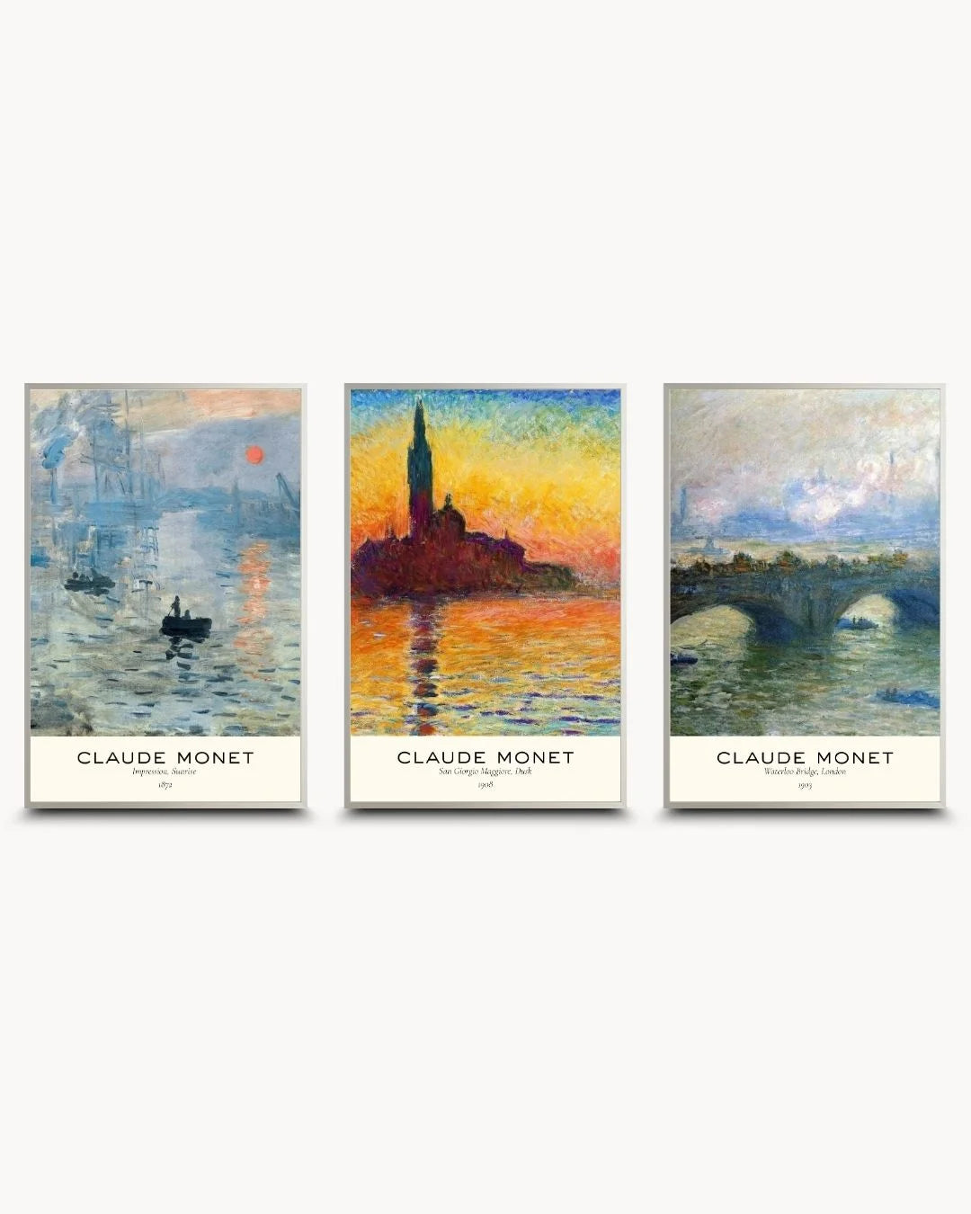 Contemporary Monet exhibition triptych in sleek Satin Silver frames. A sophisticated, informative art set for modern urban apartment styling.