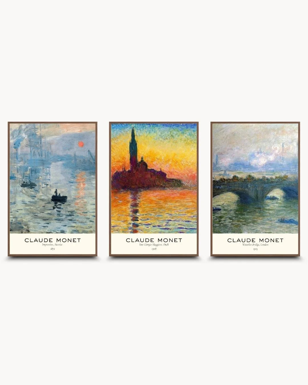 Monet museum-style 3-piece triptych in warm Walnut Wood frames. A sophisticated balance of heritage art and mid-century modern gallery design.