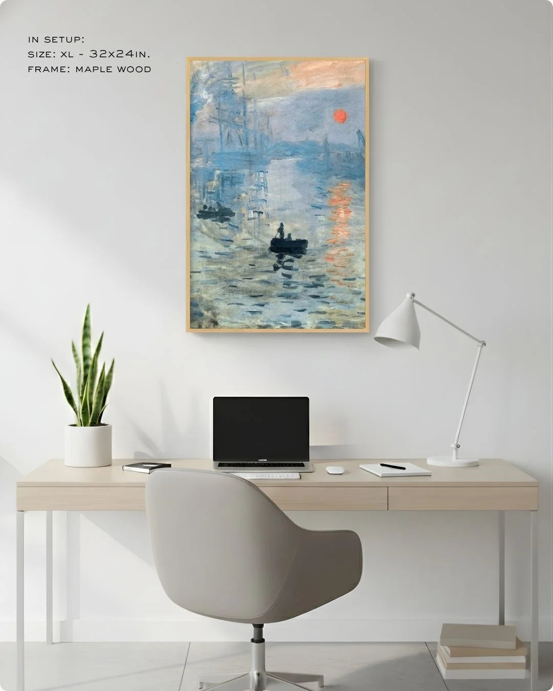Large (Size L - 24x16in) Monet Impression, Sunrise in a Maple Wood frame, shown in a desk setup to demonstrate the impact of large-scale fine art.