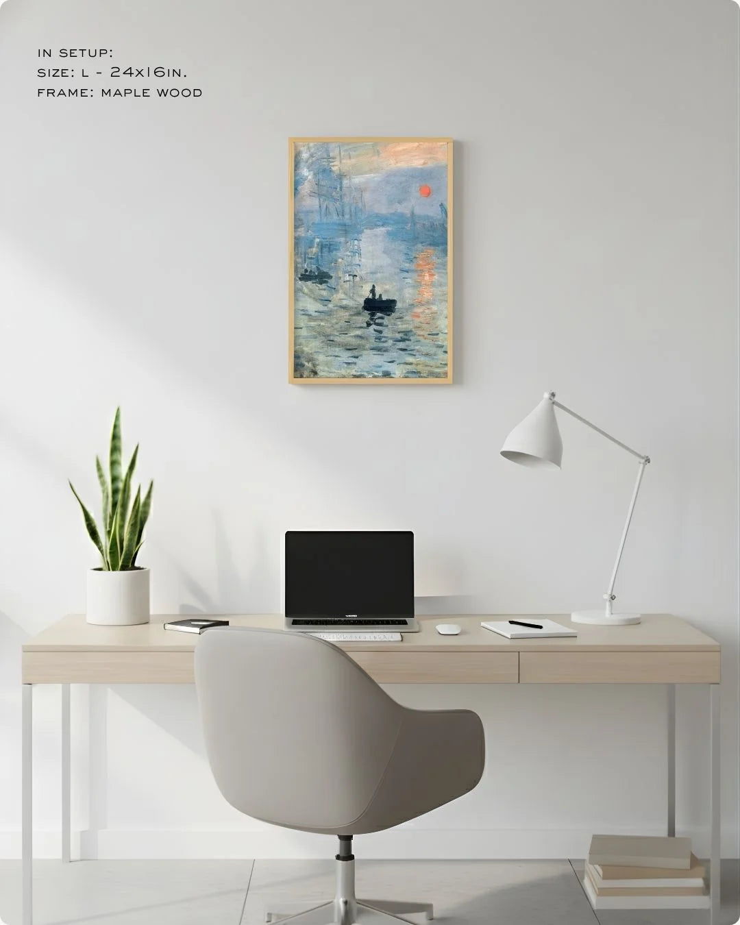 Medium (Size M - 18x12in) Monet Impression, Sunrise in a Maple Wood frame. Perfect scale for standard desk-side wall decor in a modern home office.