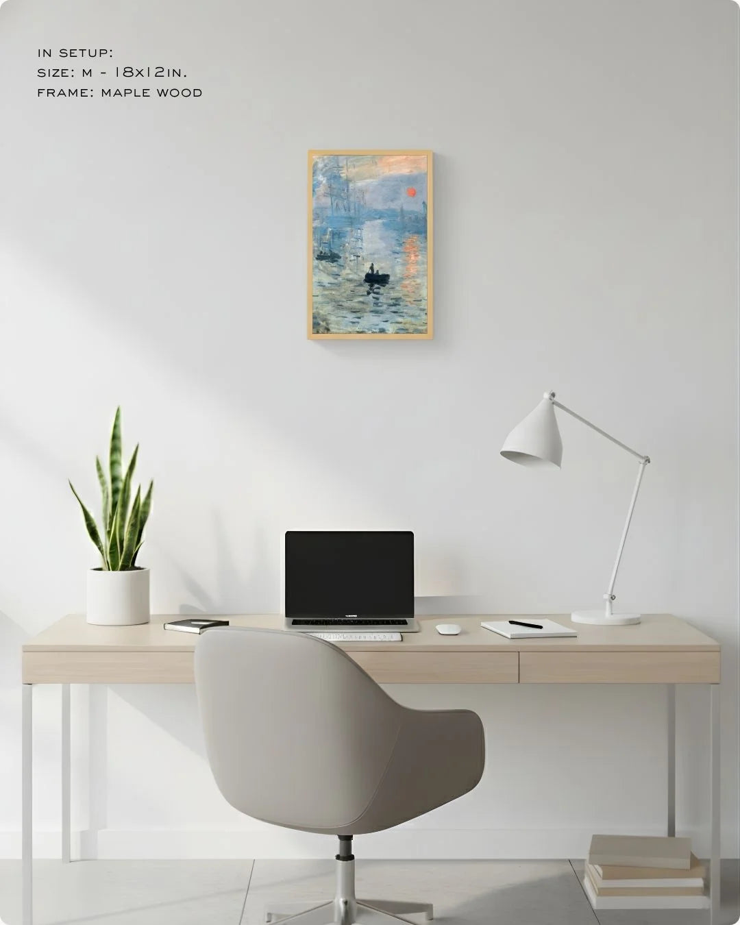 Small (Size S - 12x8in) Monet Impression, Sunrise in a Maple Wood frame. An ideal accent piece for smaller wall spaces or gallery wall layering.