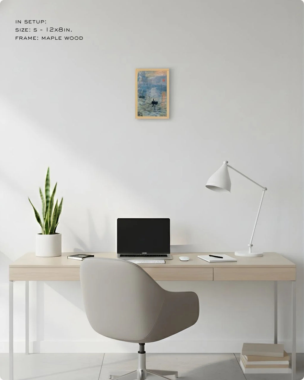 Extra Small (Size XS) Monet Impression, Sunrise in a Maple Wood frame, showcasing how even a mini fine art print can elevate a workspace corner.