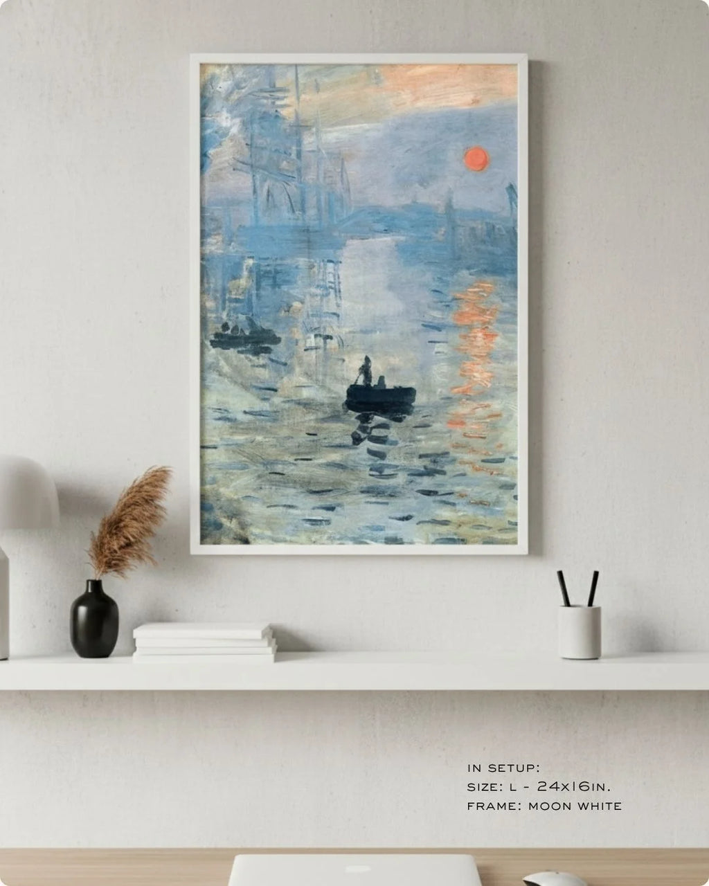 K2C Co. Monet Impression, Sunrise print in a Moon White frame. A high-contrast, airy study setup designed for "Slow Living" and productivity.