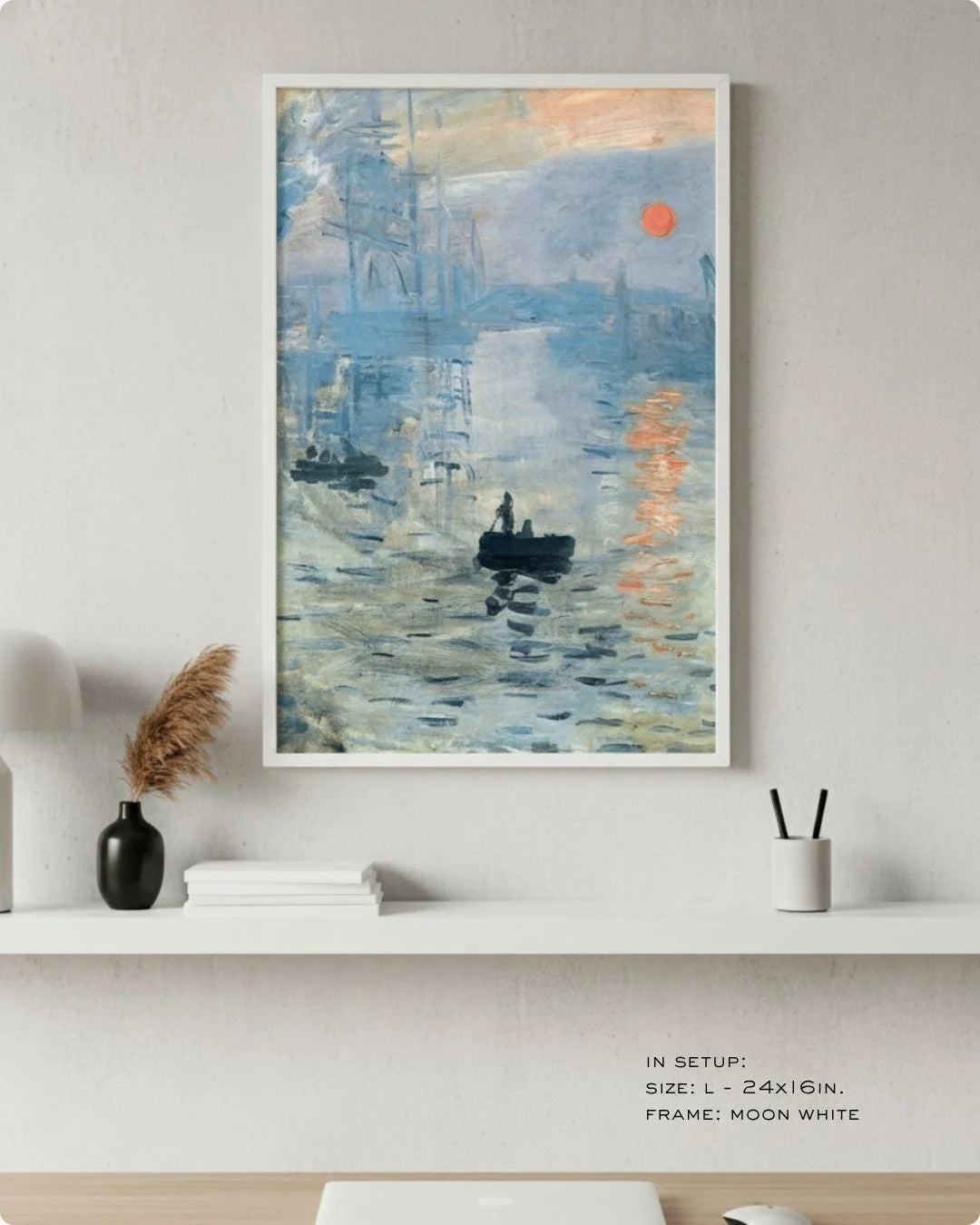 K2C Co. Monet Impression, Sunrise print in a Moon White frame. A high-contrast, airy study setup designed for "Slow Living" and productivity.