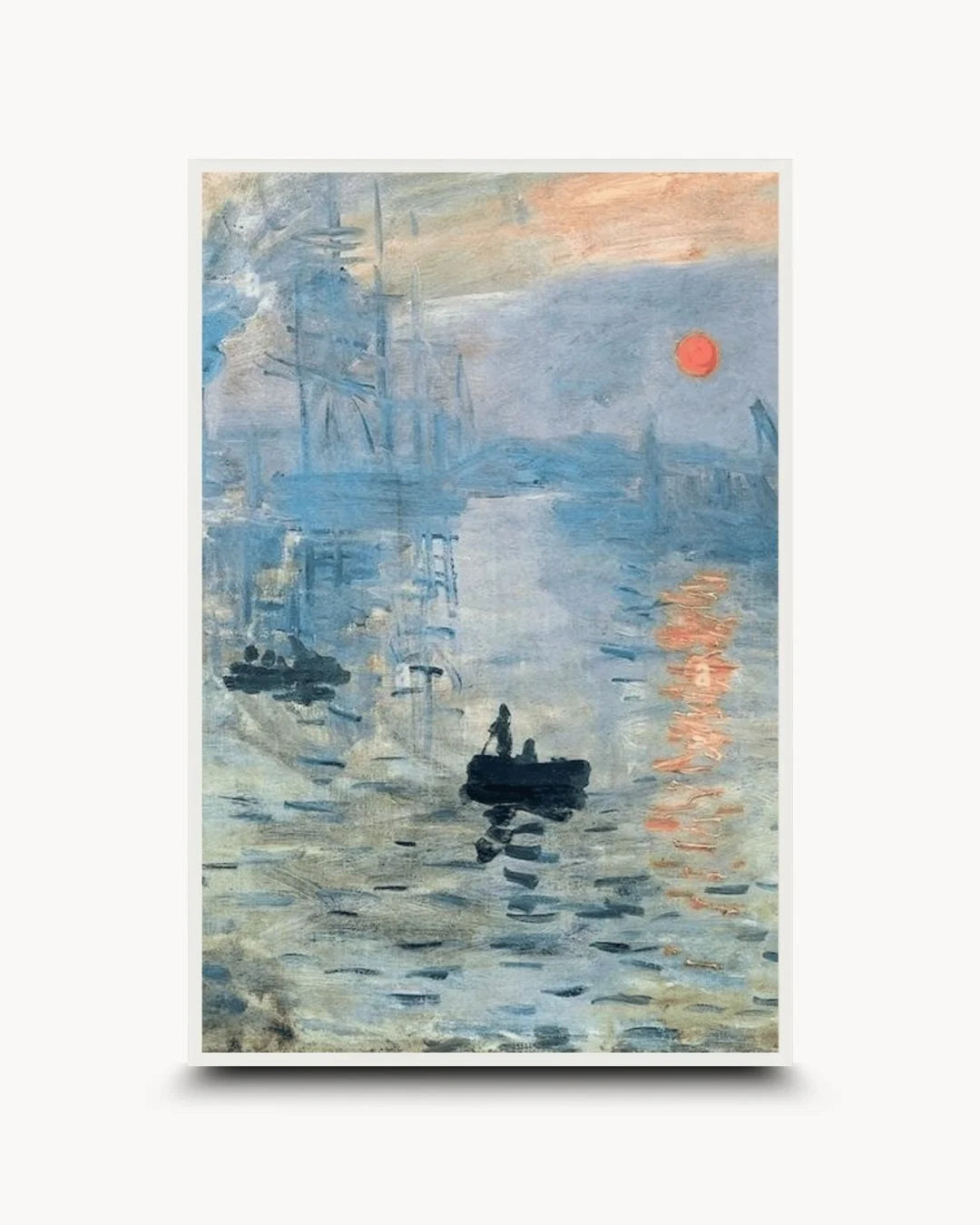 Claude Monet's Impression, Sunrise featuring soft blue and orange brushstrokes, housed in a sleek 0.5-inch Noir Black frame by K2C Co. A timeless fine art piece for modern minimalist living rooms.