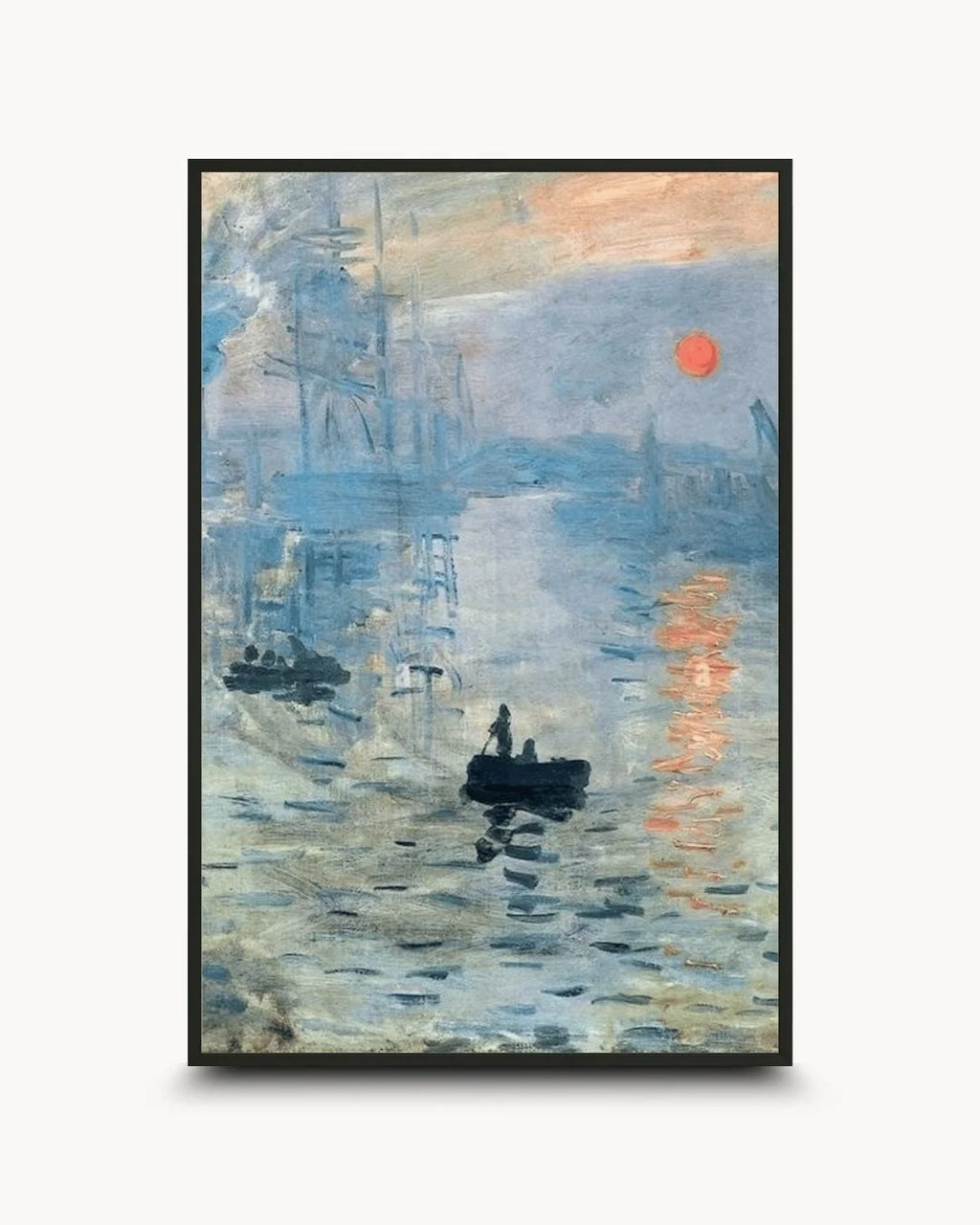 Claude Monet's Impression, Sunrise featuring soft blue and orange brushstrokes, housed in a sleek 0.5-inch Noir Black frame by K2C Co. A timeless fine art piece for modern minimalist living rooms.