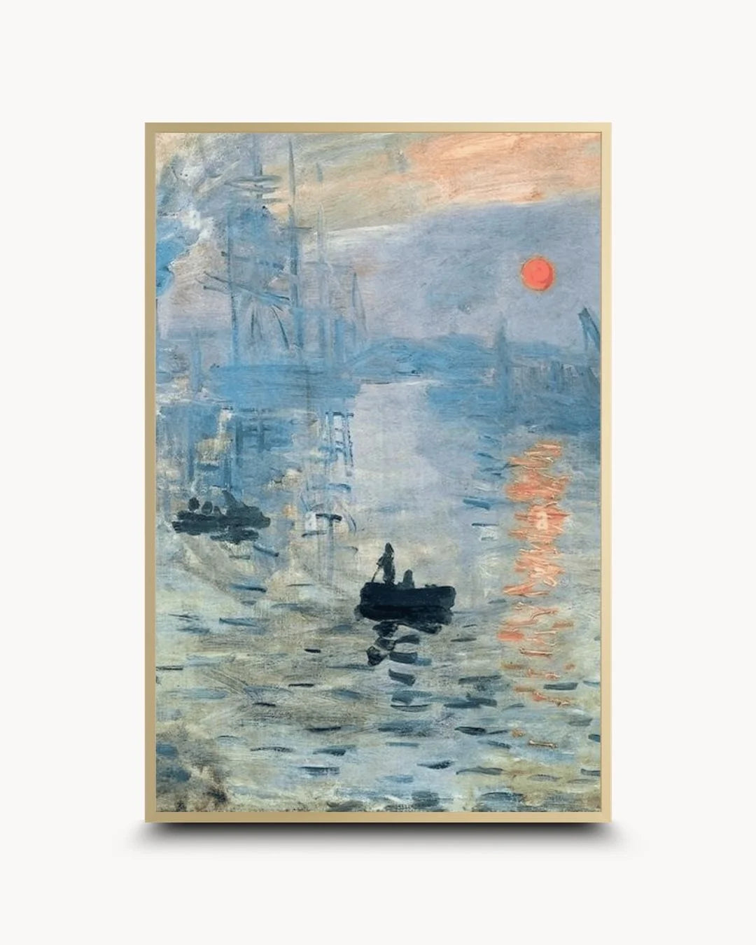 Elegant Monet Impression, Sunrise art print in a Satin Gold frame by K2C Co. Features high-contrast orange and blue tones for a luxury contemporary statement piece.
