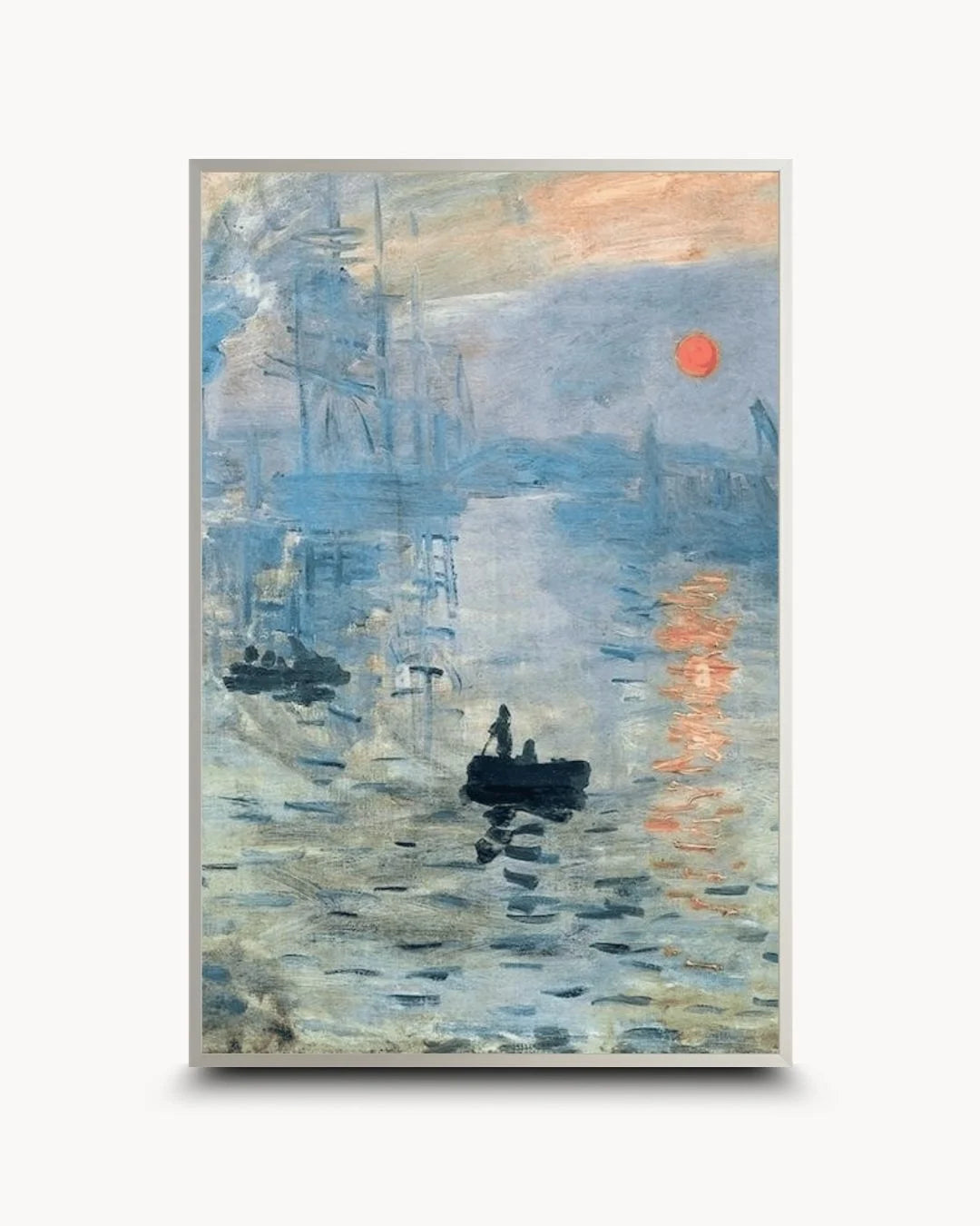Contemporary styling of Claude Monet's Impression, Sunrise in a sleek Satin Silver frame by K2C Co. A sophisticated, cool-toned seascape for modern urban apartment decor.