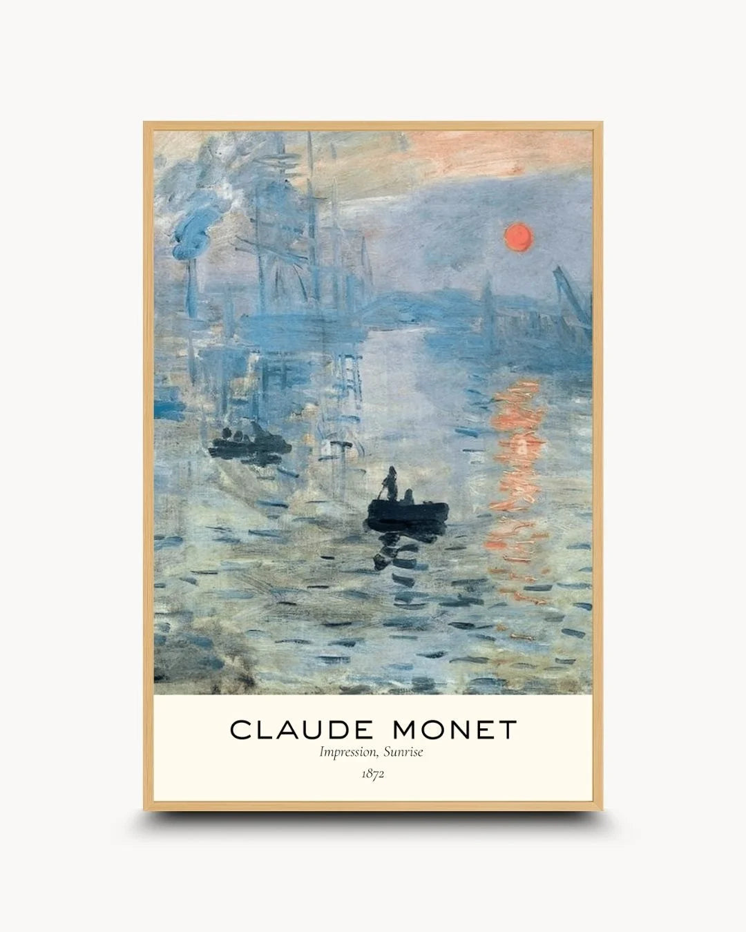 Organic modern styling of Monet's "Impression, Sunrise" typography poster in a natural Maple Wood frame by K2C Co. Ideal for Japandi and "slow living" home offices.
