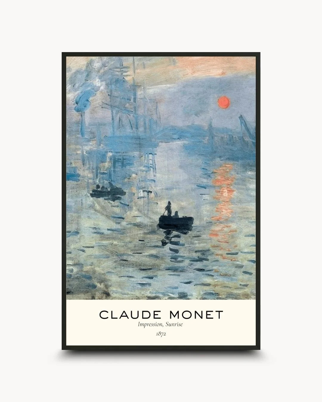 Claude Monet "Impression, Sunrise" exhibition poster with minimalist typography in a 0.5-inch Noir Black frame. High-contrast museum-style wall decor by K2C Co.
