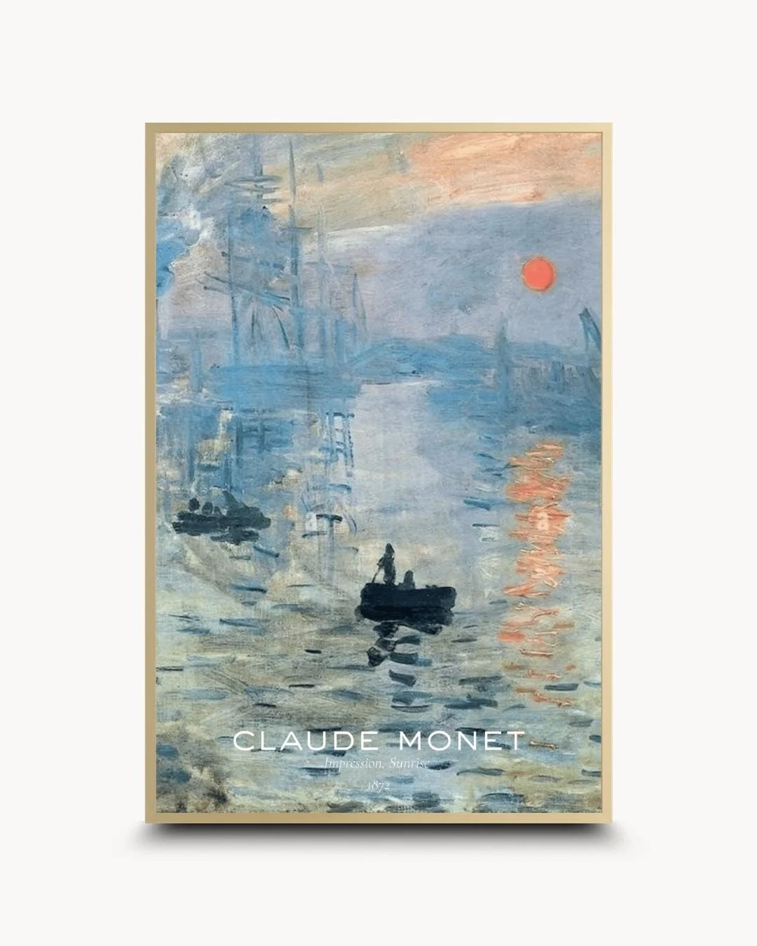 Elegant Monet "Impression, Sunrise" exhibition-style print in a Satin Gold frame by K2C Co. Features high-contrast typography and iconic orange-blue tones for a luxury contemporary statement.