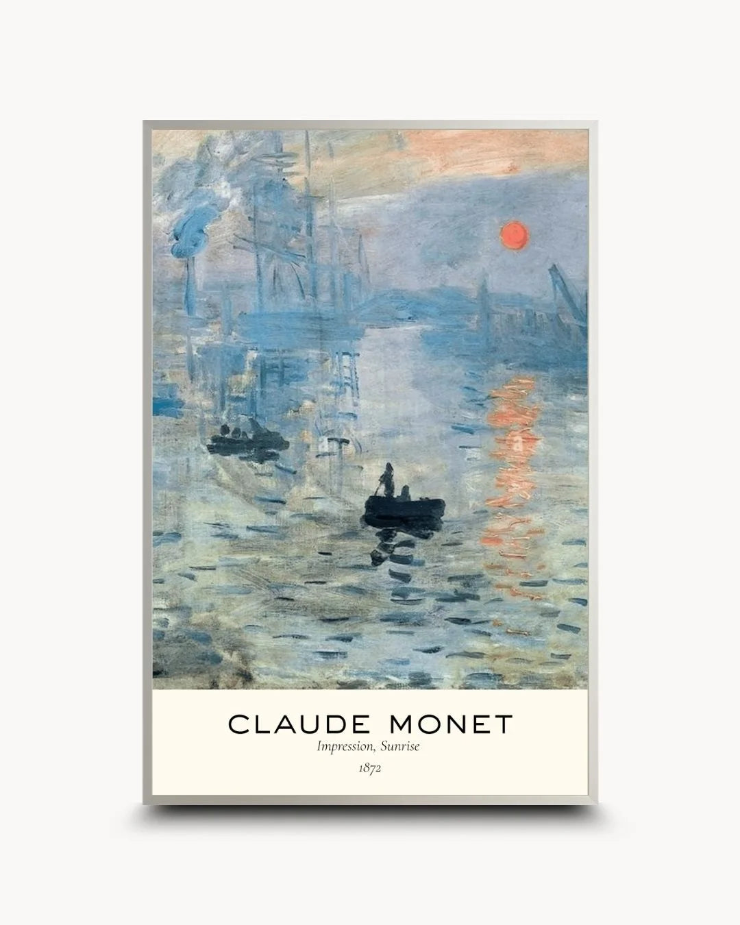 Contemporary styling of Claude Monet's "Impression, Sunrise" museum poster in a sleek Satin Silver frame by K2C Co. A sophisticated cool-toned seascape for urban apartment decor.
