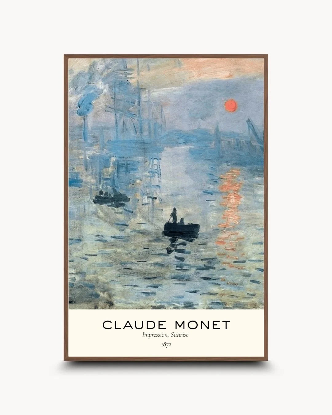 Claude Monet "Impression, Sunrise" exhibition-style print in a warm Walnut Wood frame by K2C Co. A sophisticated balance of classic impressionism and modern gallery design.